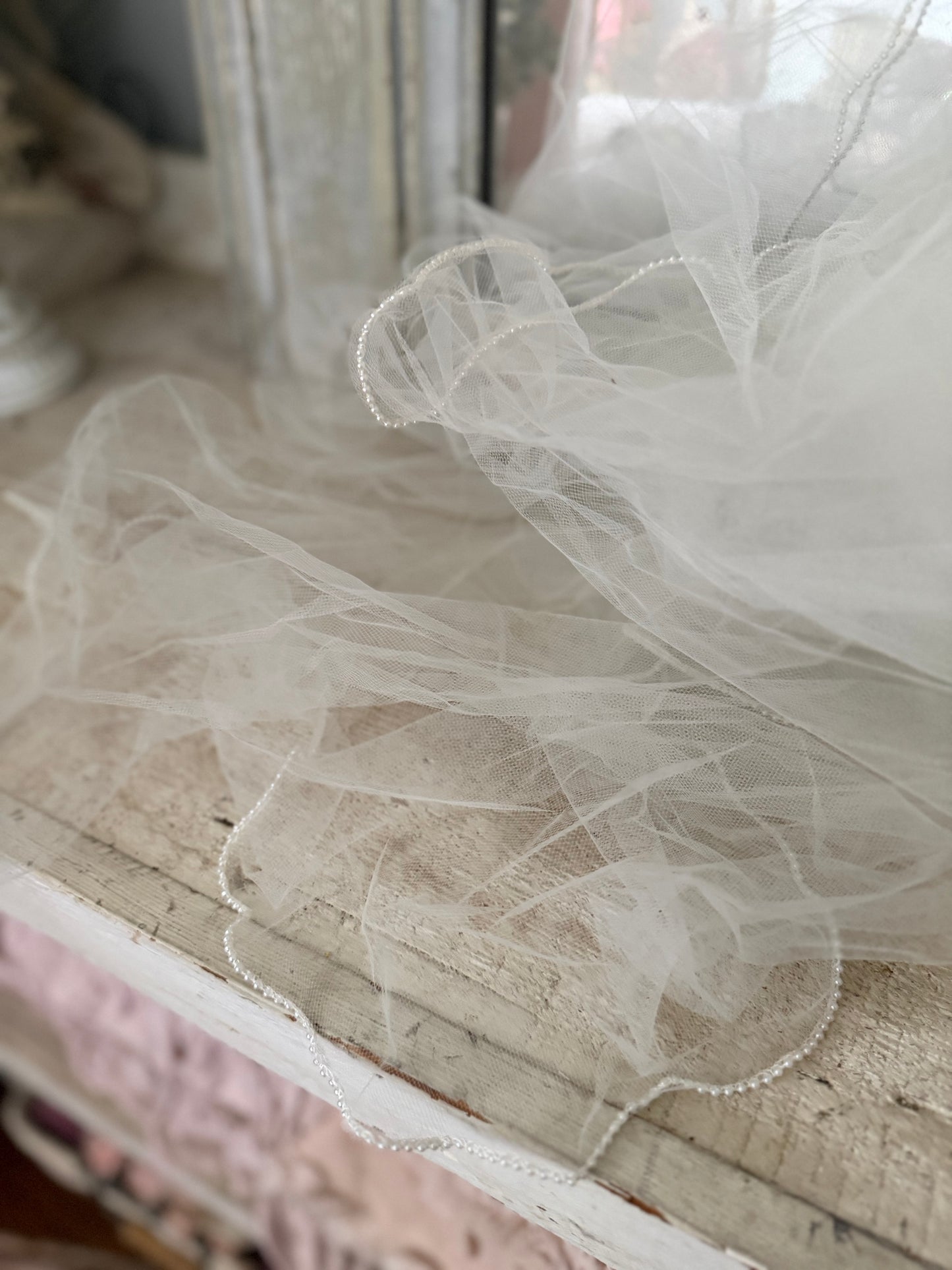 Vintage 10ft Long Cathedral White Tulle Lace Peal Wedding Veil