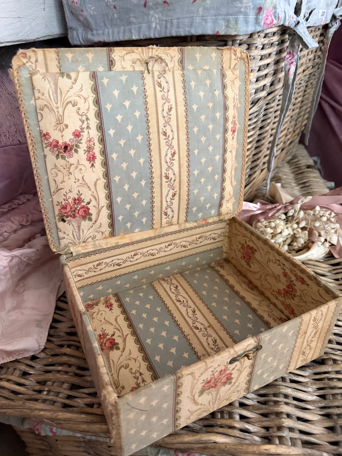 Antique French Floral Fabric Box