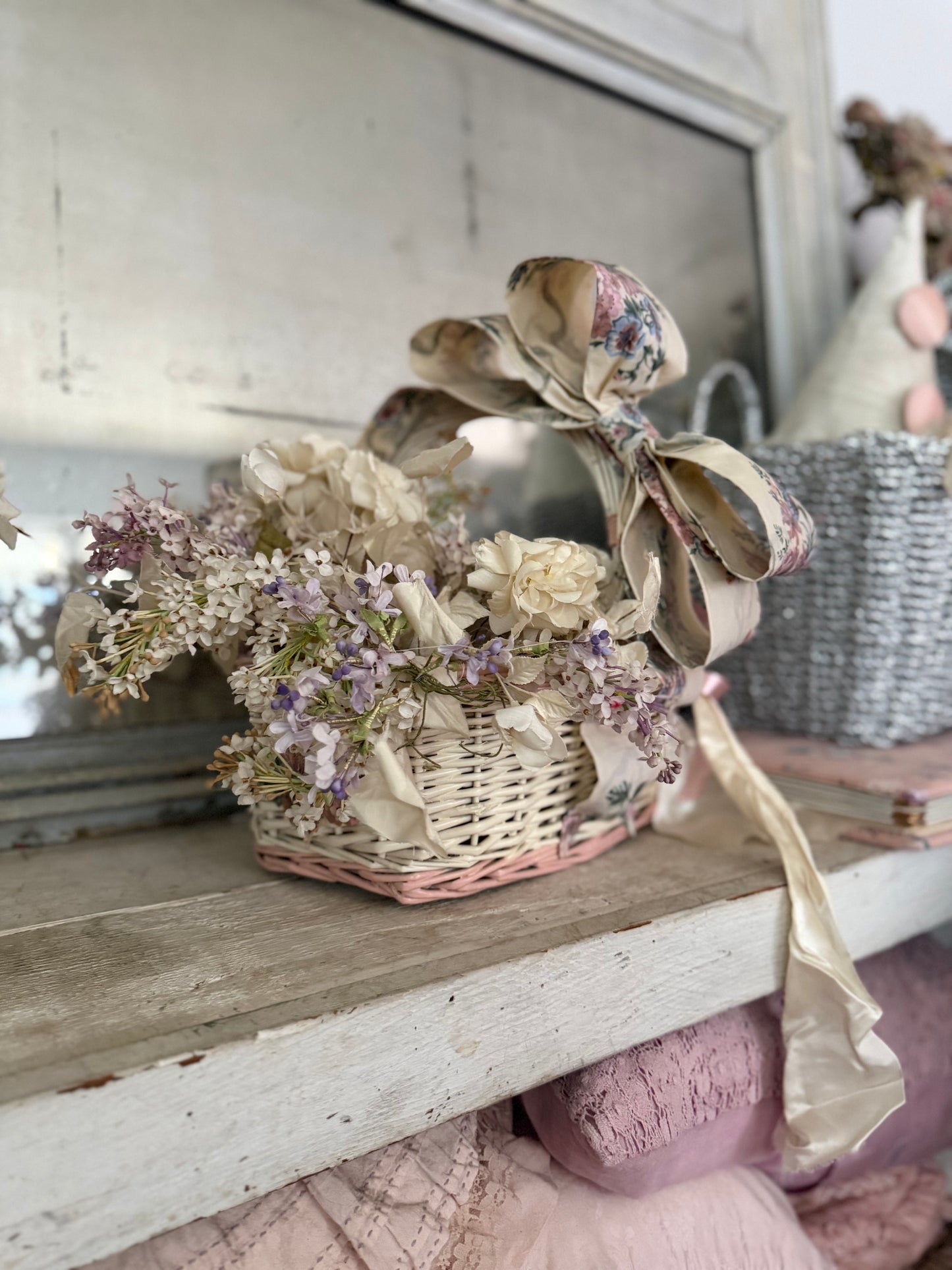 Vintage Pink White Basket With XL Bow
