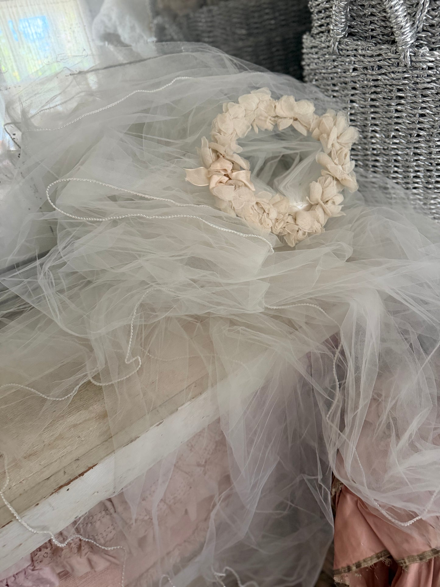 Vintage 10ft Long Cathedral White Tulle Lace Peal Wedding Veil