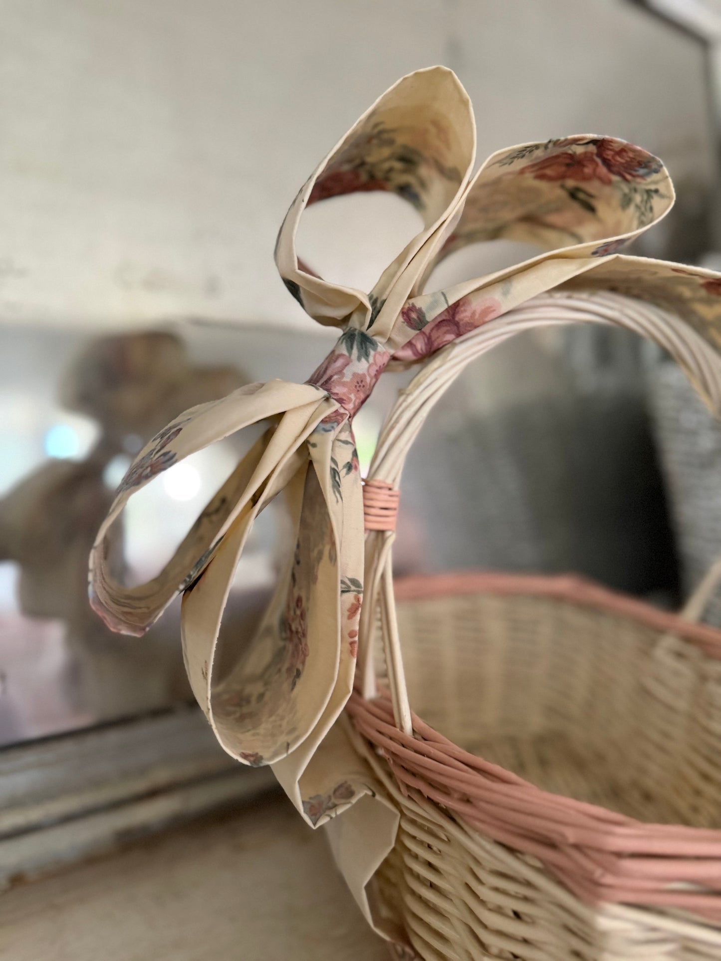 Vintage Pink White Basket With XL Bow