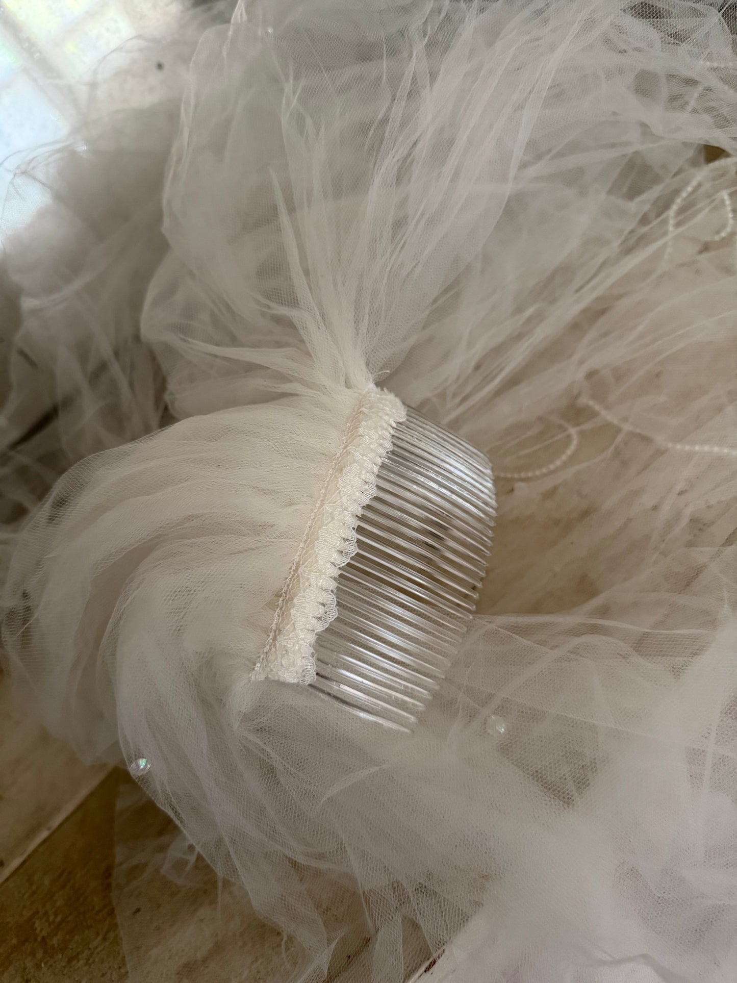 Vintage White Tulle Lace Pearl Ruffled Wedding Veil