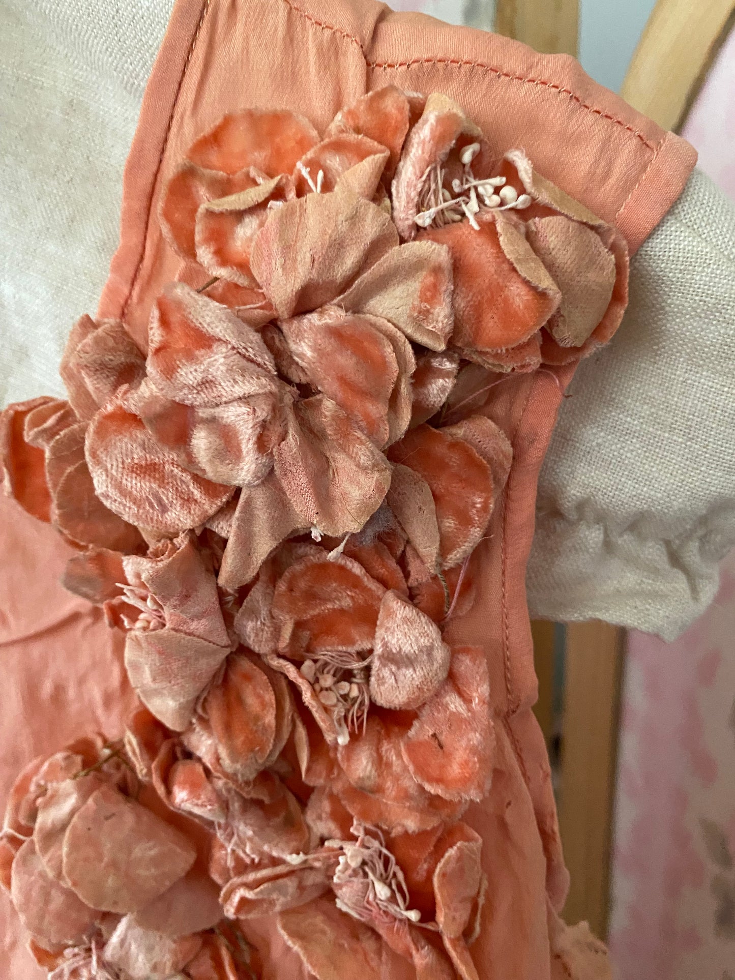 Antique 1920 Flapper Silk Lace Dress Coral Millinery Flowers