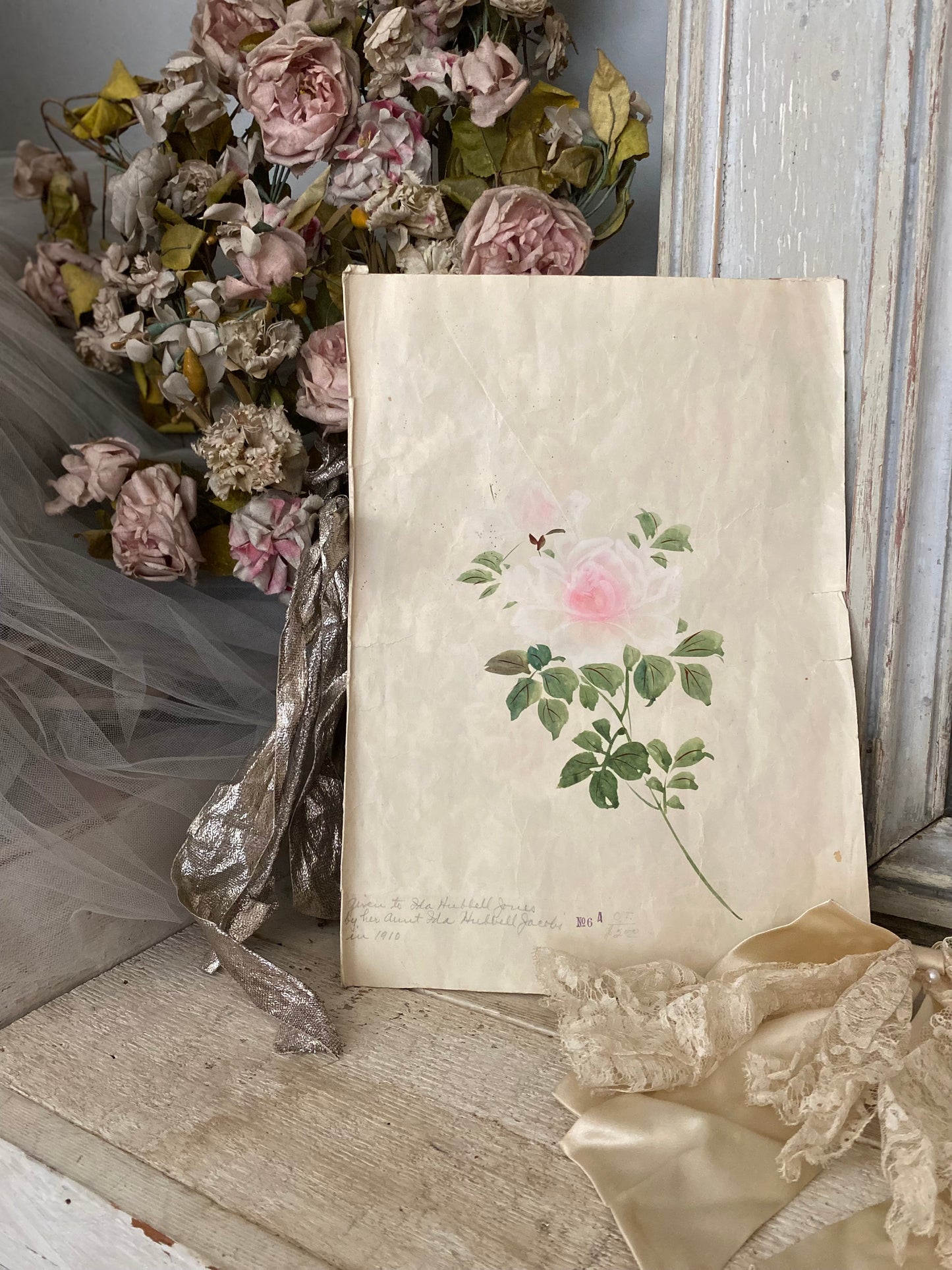 Antique Dated 1920 Hand Painted Pink Rose Table Setting Sample