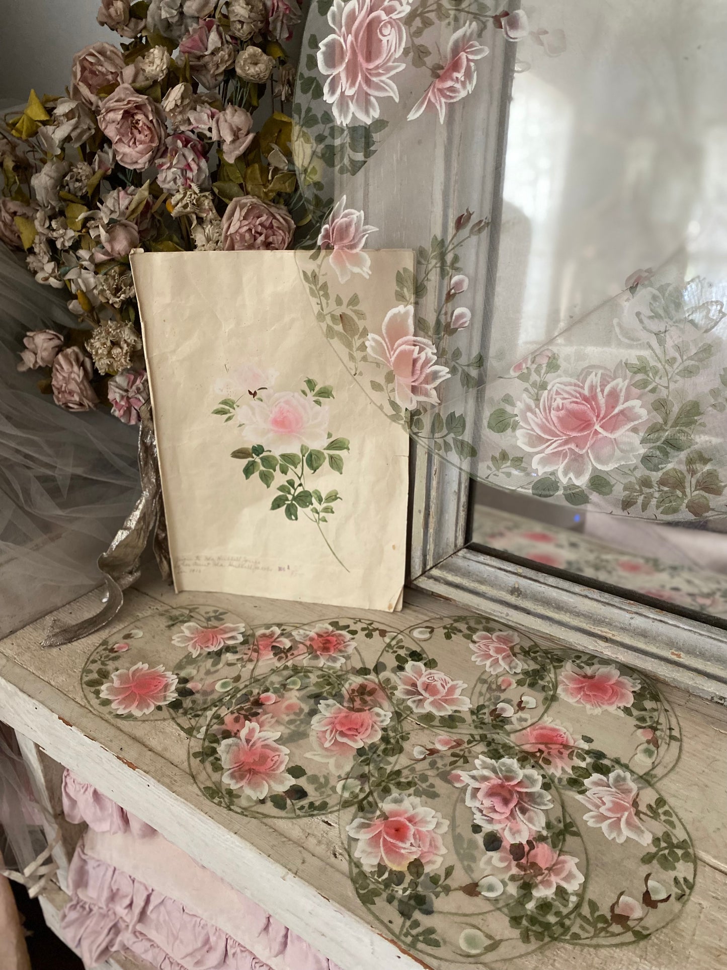 Antique Dated 1920 Hand Painted Pink Rose Table Setting Sample