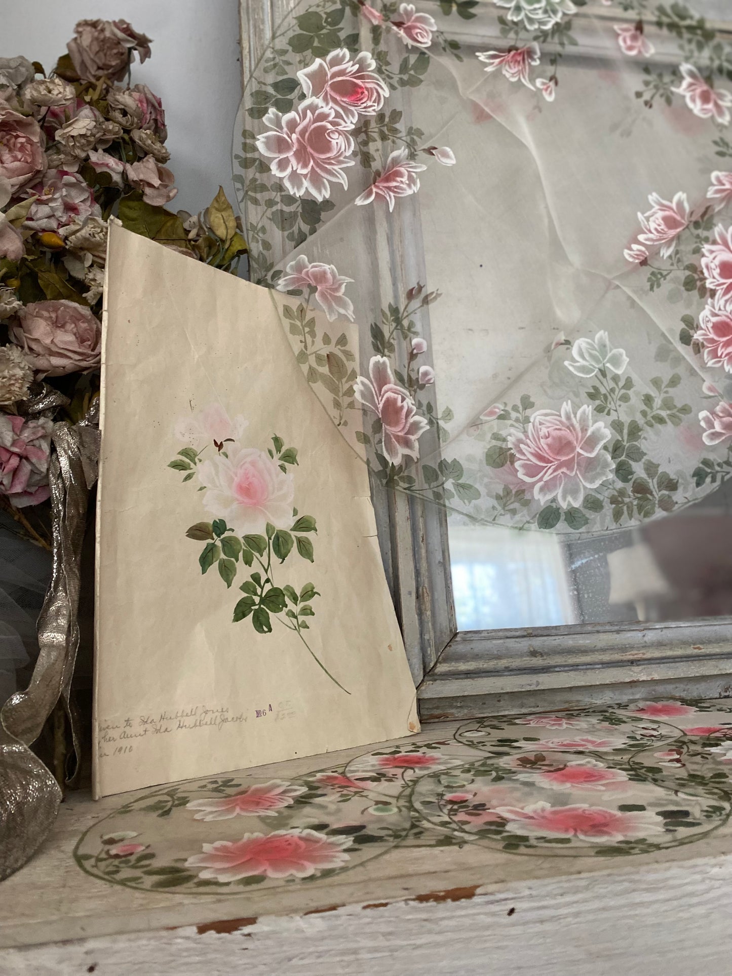 Antique Dated 1920 Hand Painted Pink Rose Table Setting Sample