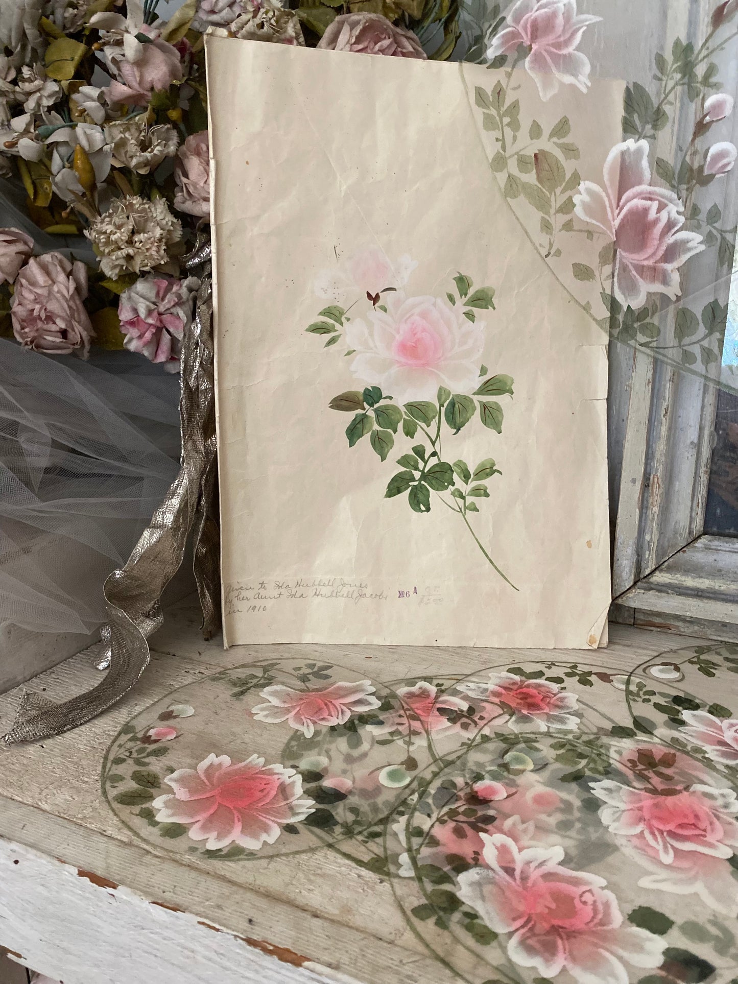 Antique Dated 1920 Hand Painted Pink Rose Table Setting Sample