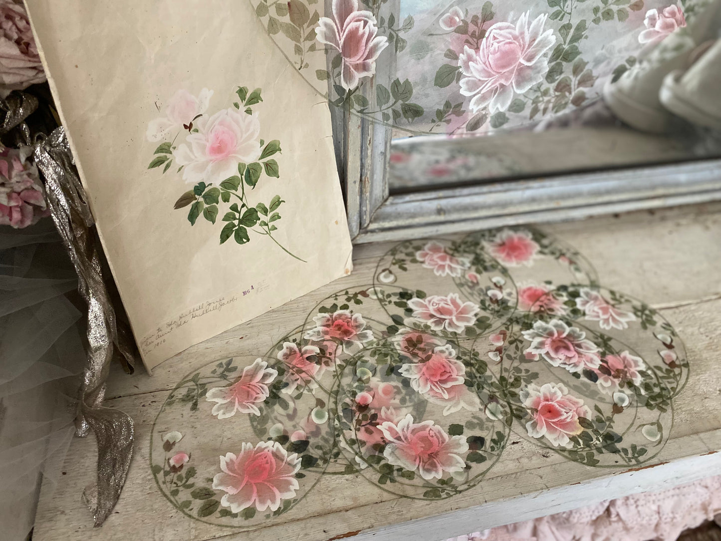 Antique Dated 1920 Hand Painted Pink Rose Table Setting Sample
