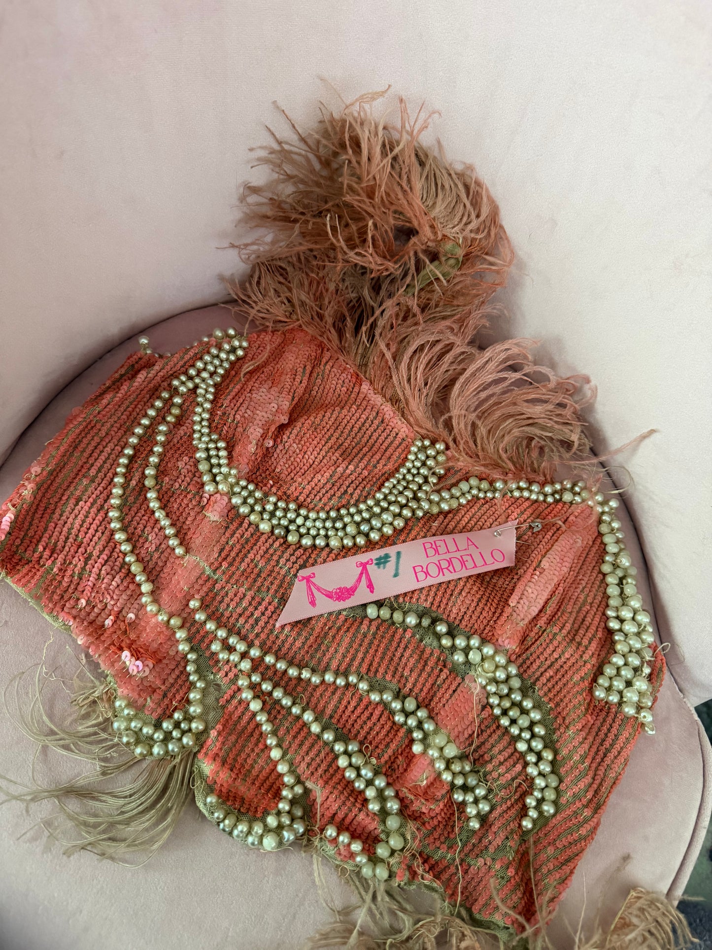c1920-30 Antique Stage Worn Pink Sequin Erte Folies Bergere Showgirl Costume