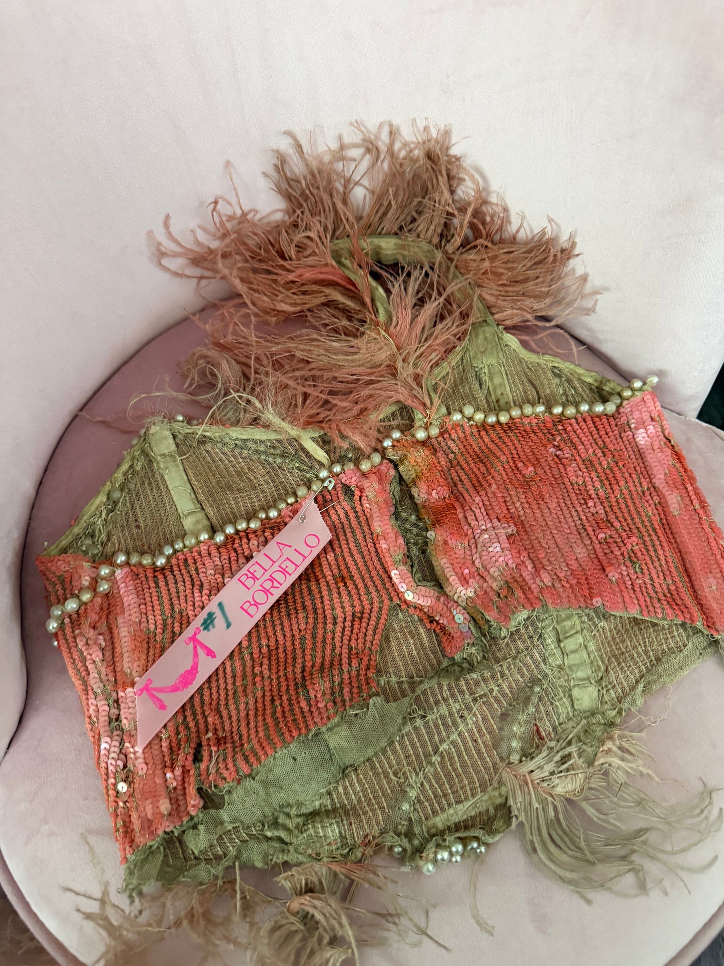 c1920-30 Antique Stage Worn Pink Sequin Erte Folies Bergere Showgirl Costume