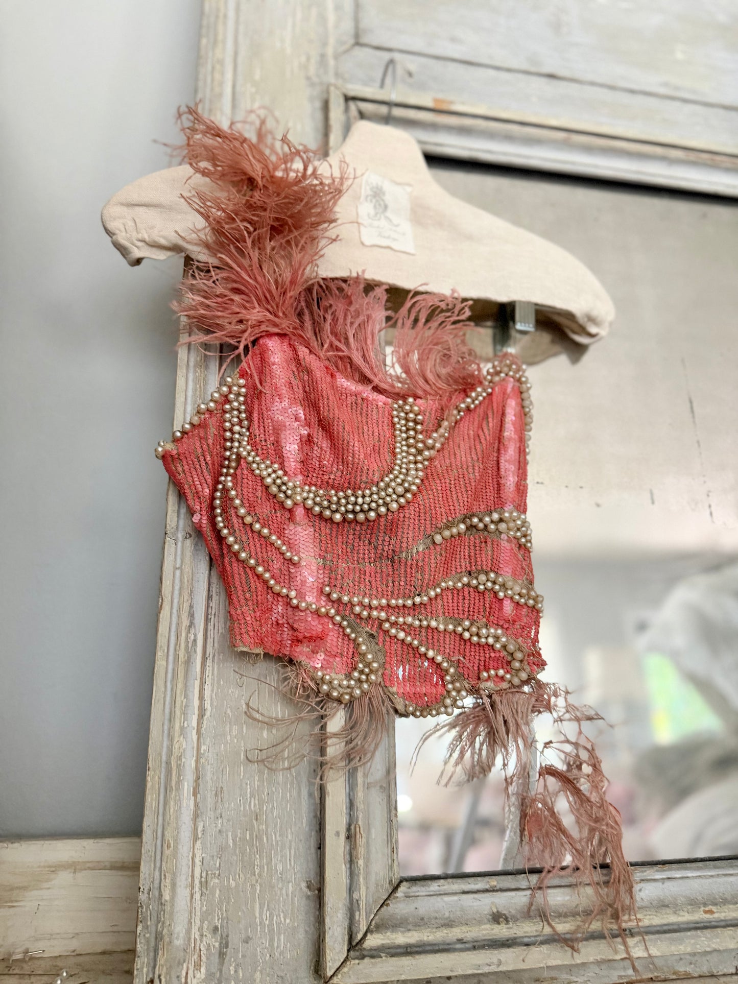 c1920-30 Antique Stage Worn Pink Sequin Erte Folies Bergere Showgirl Costume