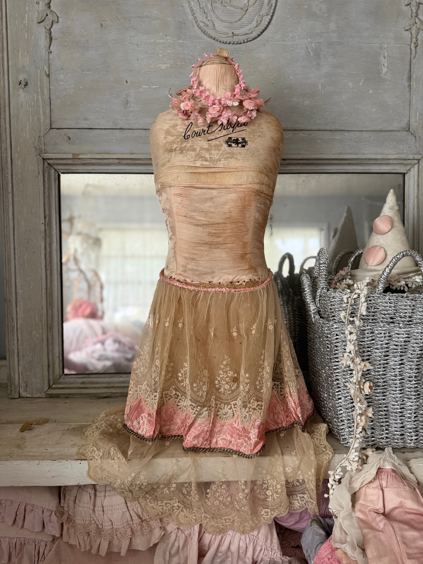 Antique Pink Silk Lace Skirt Silver Passementerie Rope
