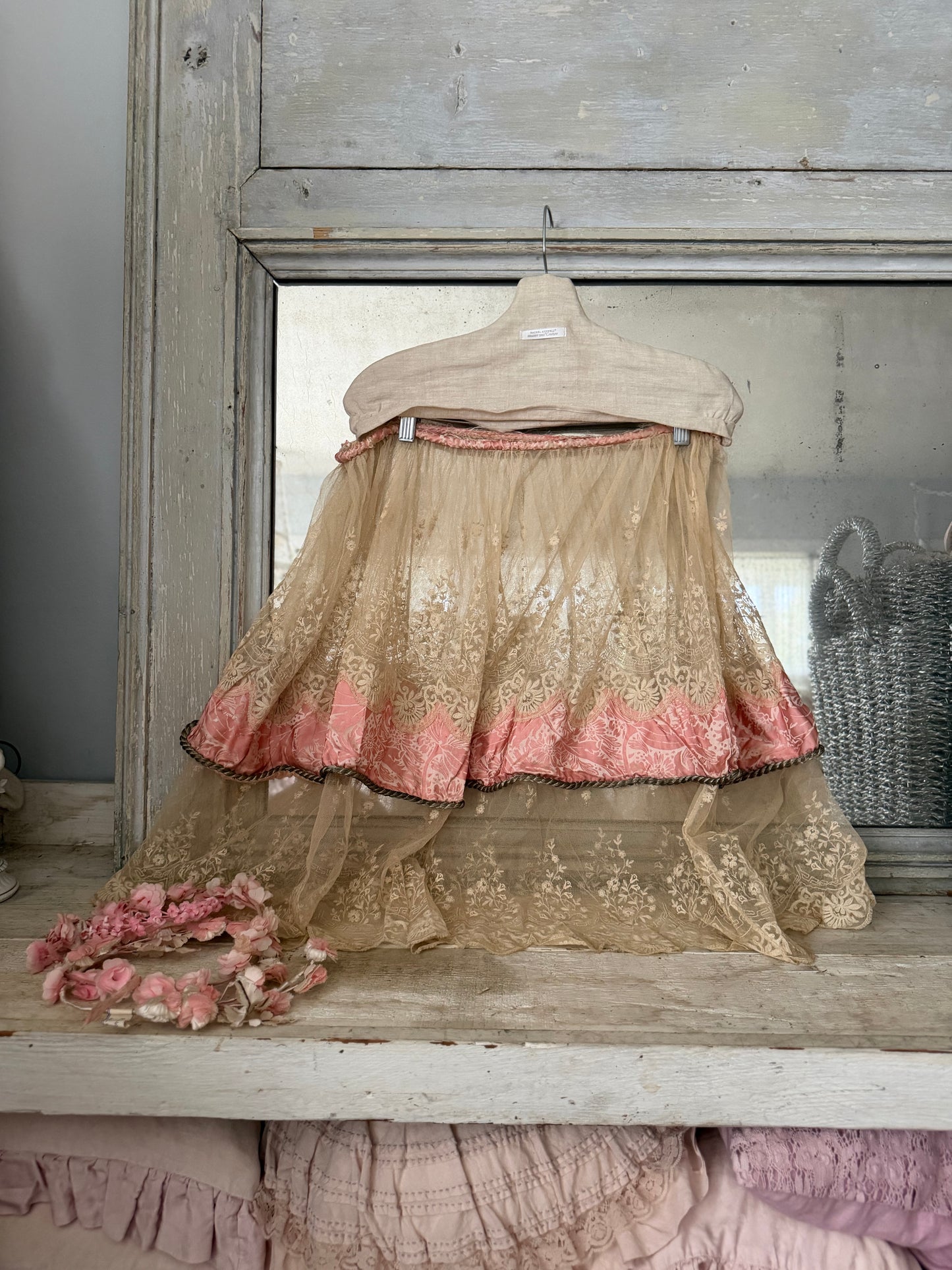 Antique Pink Silk Lace Skirt Silver Passementerie Rope