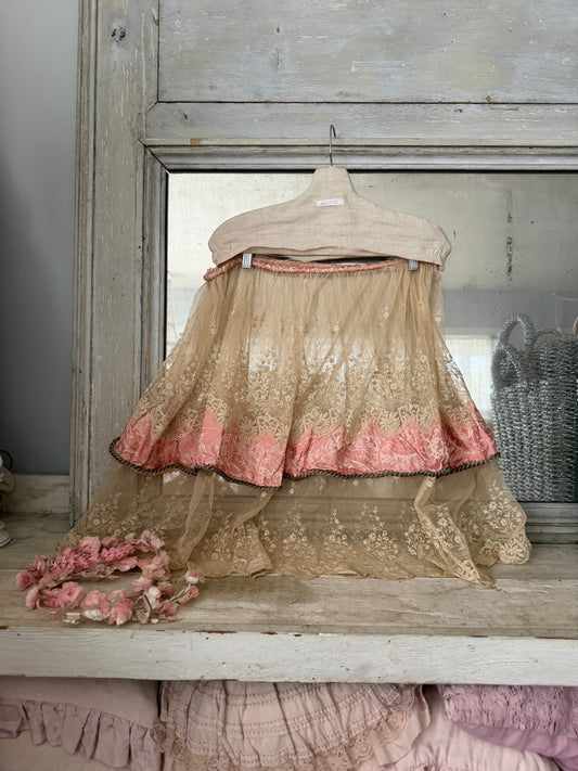 Antique Pink Silk Lace Skirt Silver Passementerie Rope