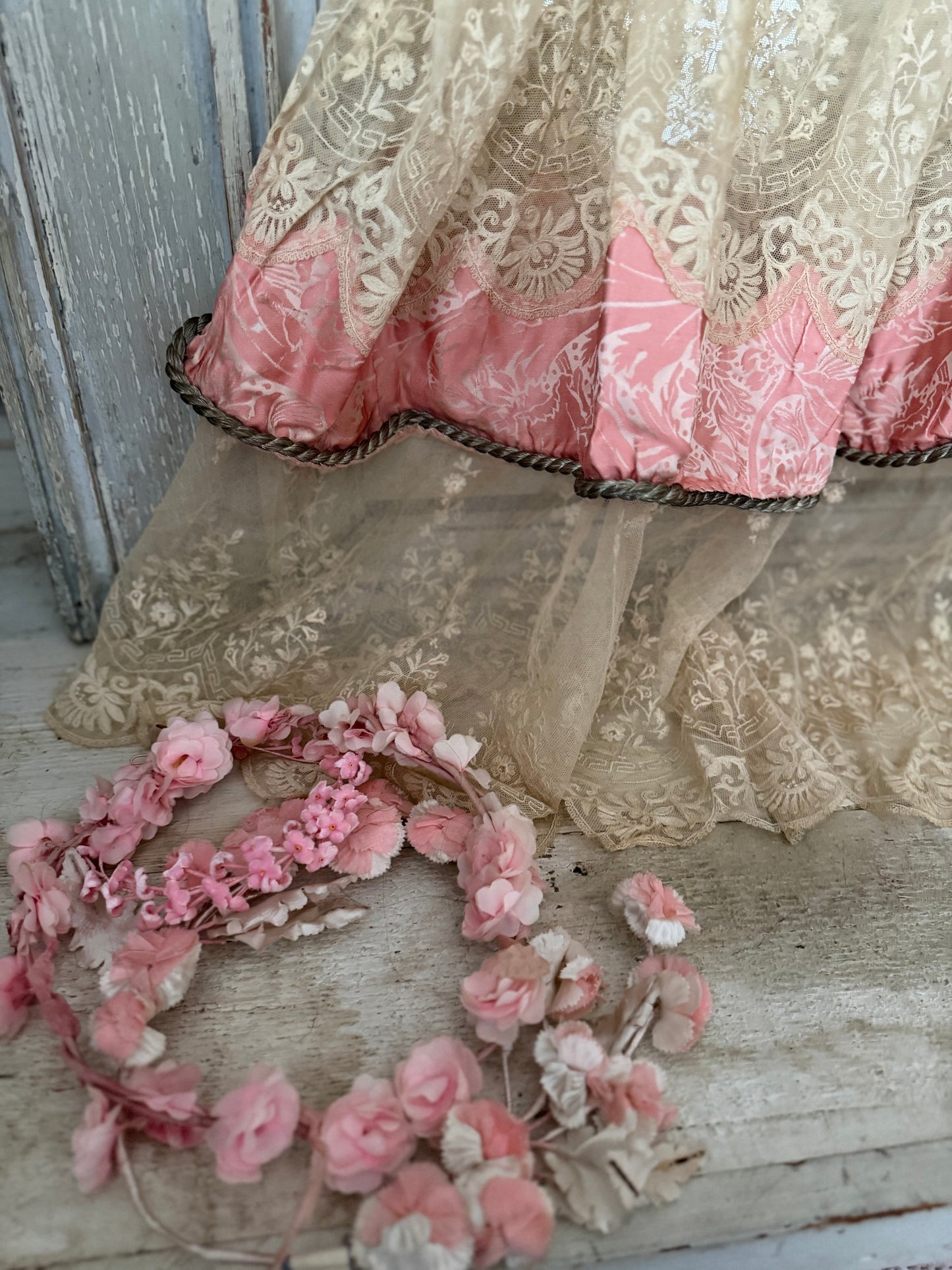Antique Pink Silk Lace Skirt Silver Passementerie Rope