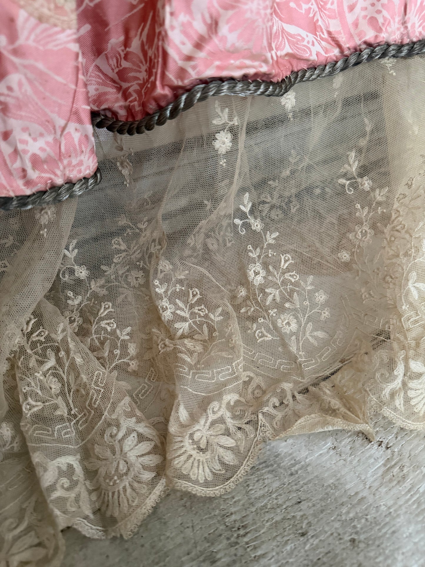 Antique Pink Silk Lace Skirt Silver Passementerie Rope