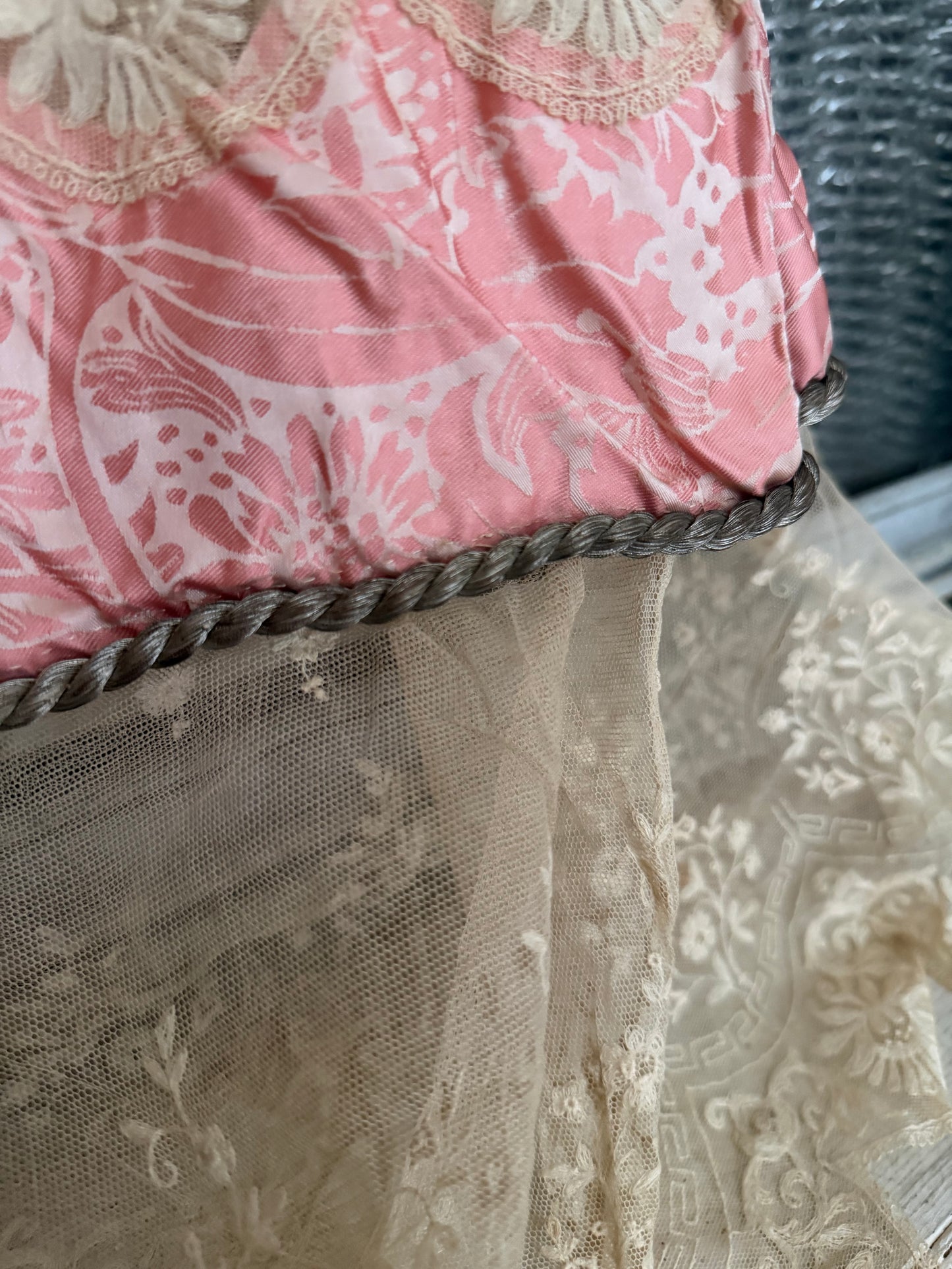 Antique Pink Silk Lace Skirt Silver Passementerie Rope
