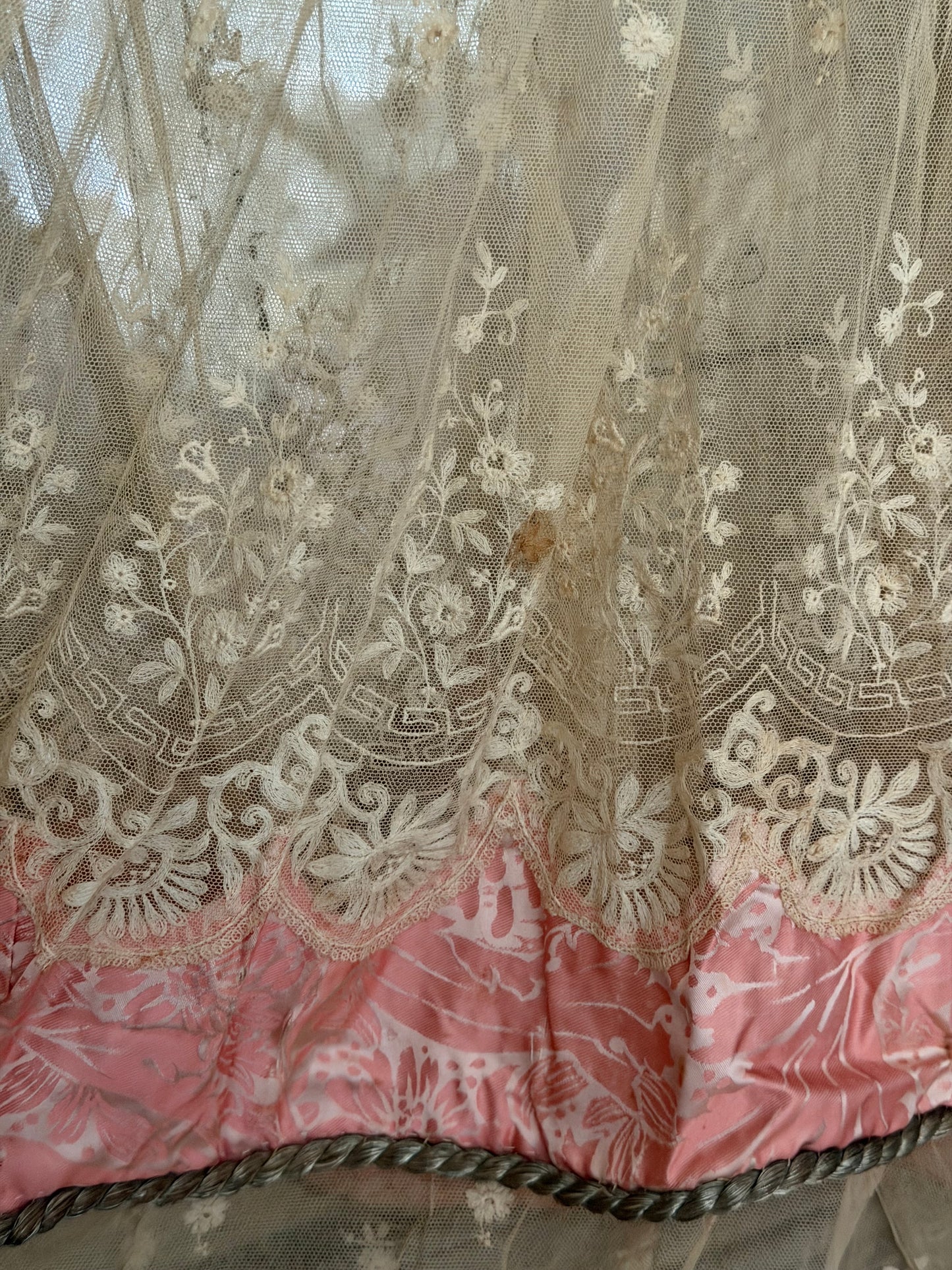 Antique Pink Silk Lace Skirt Silver Passementerie Rope