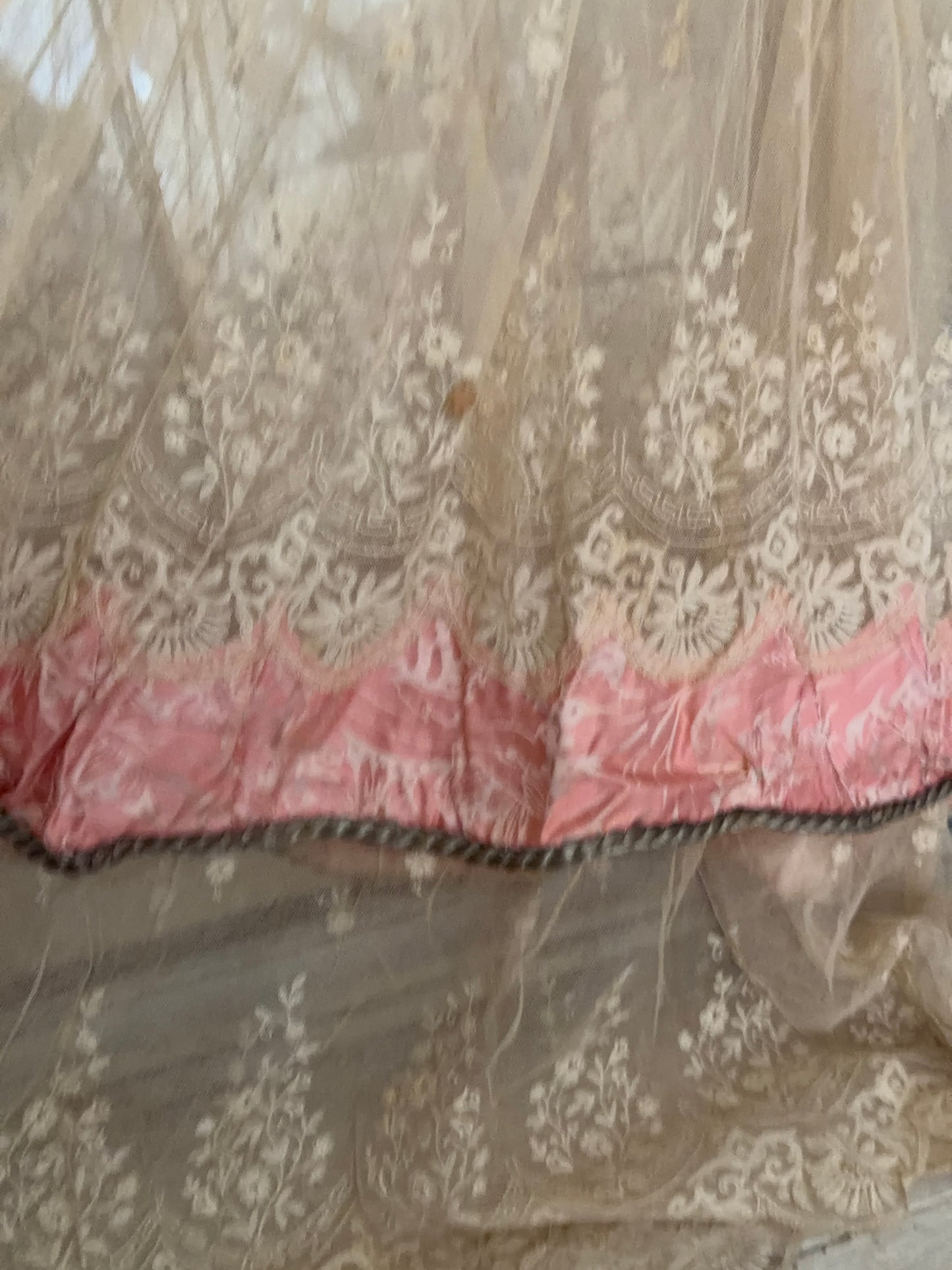 Antique Pink Silk Lace Skirt Silver Passementerie Rope