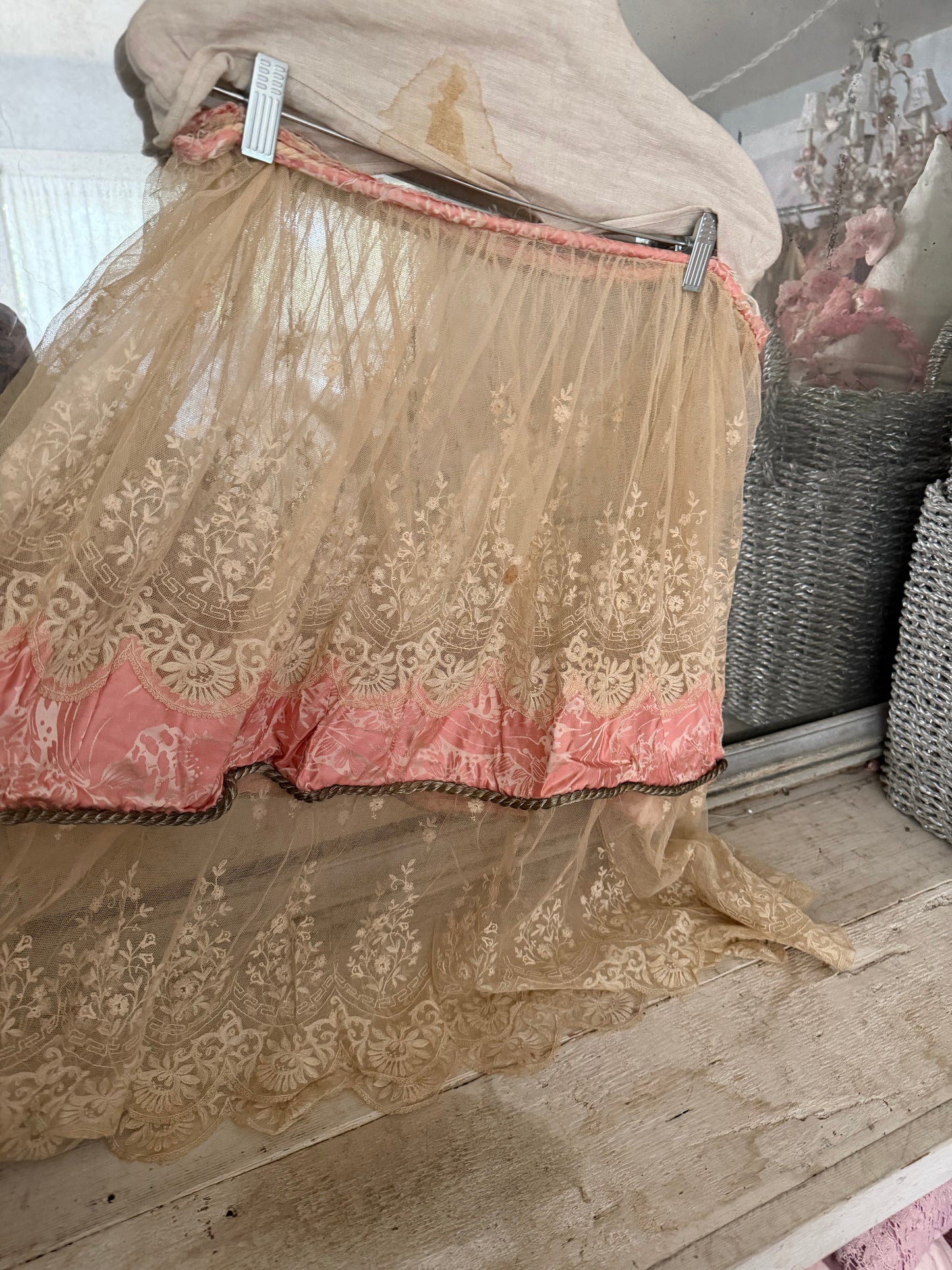 Antique Pink Silk Lace Skirt Silver Passementerie Rope