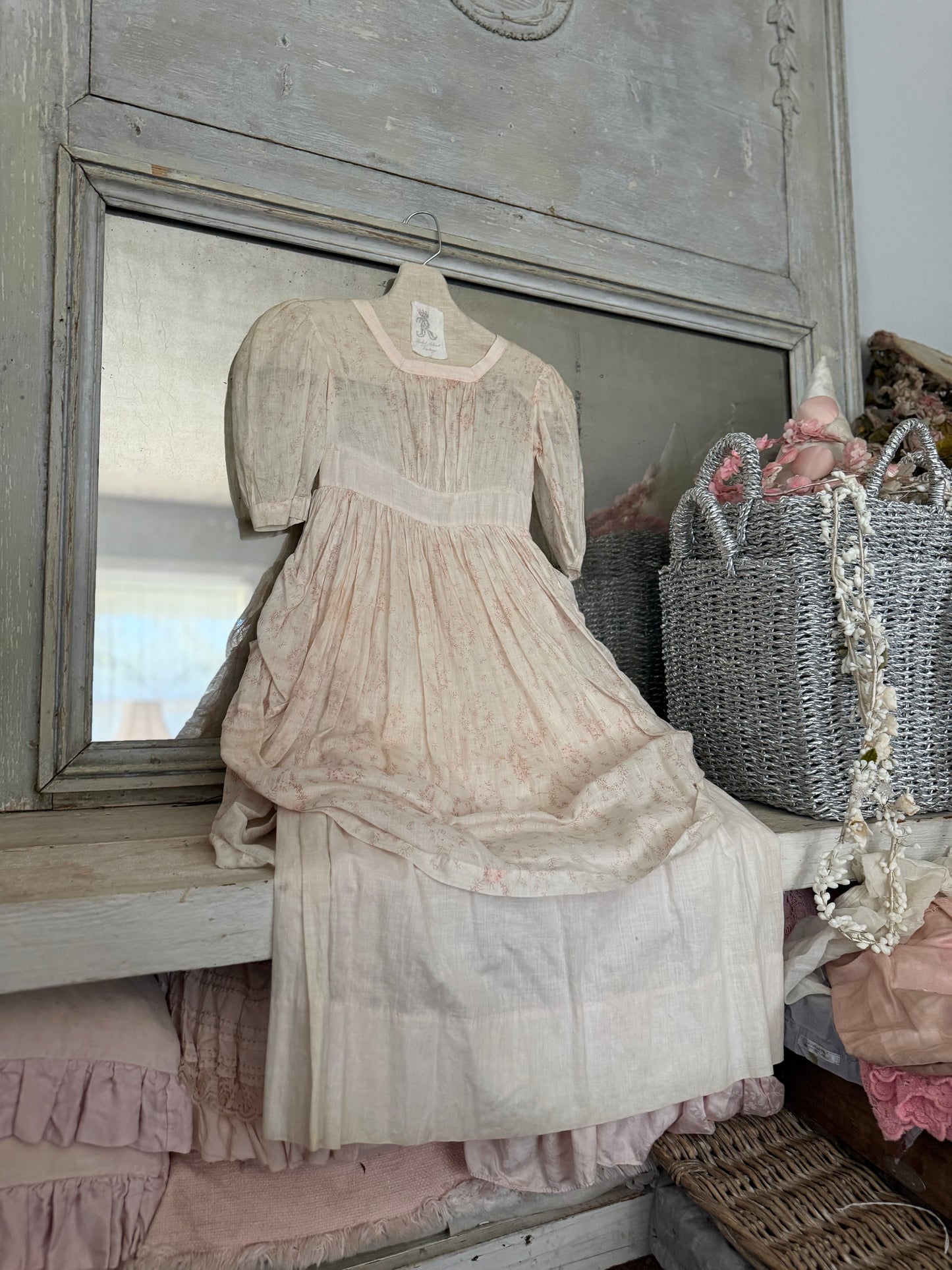 Antique 1920s Pink floral Girls Pannier Dress