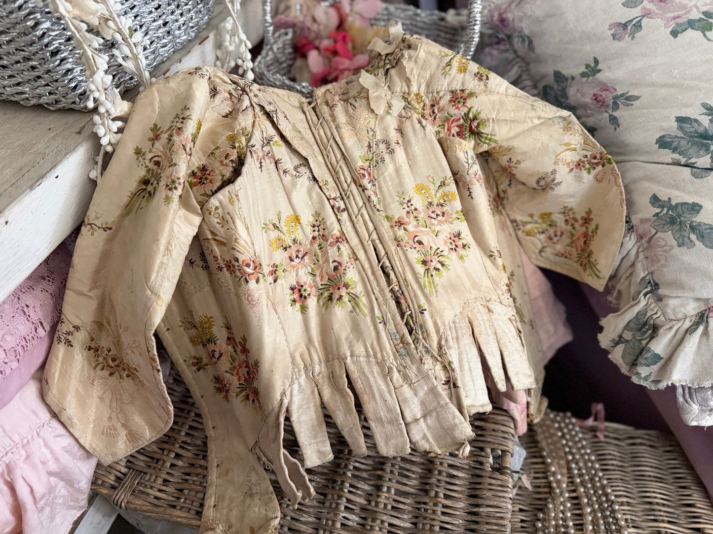 Antique Museum Quality 18th Century 1700's Stays Bodice Corset Floral Silk
