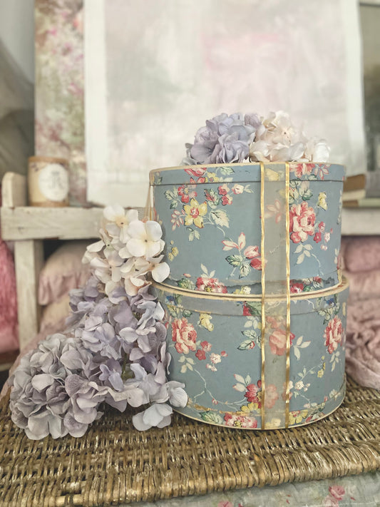 Pair Vintage Blue Floral Wallpaper Hat Boxes