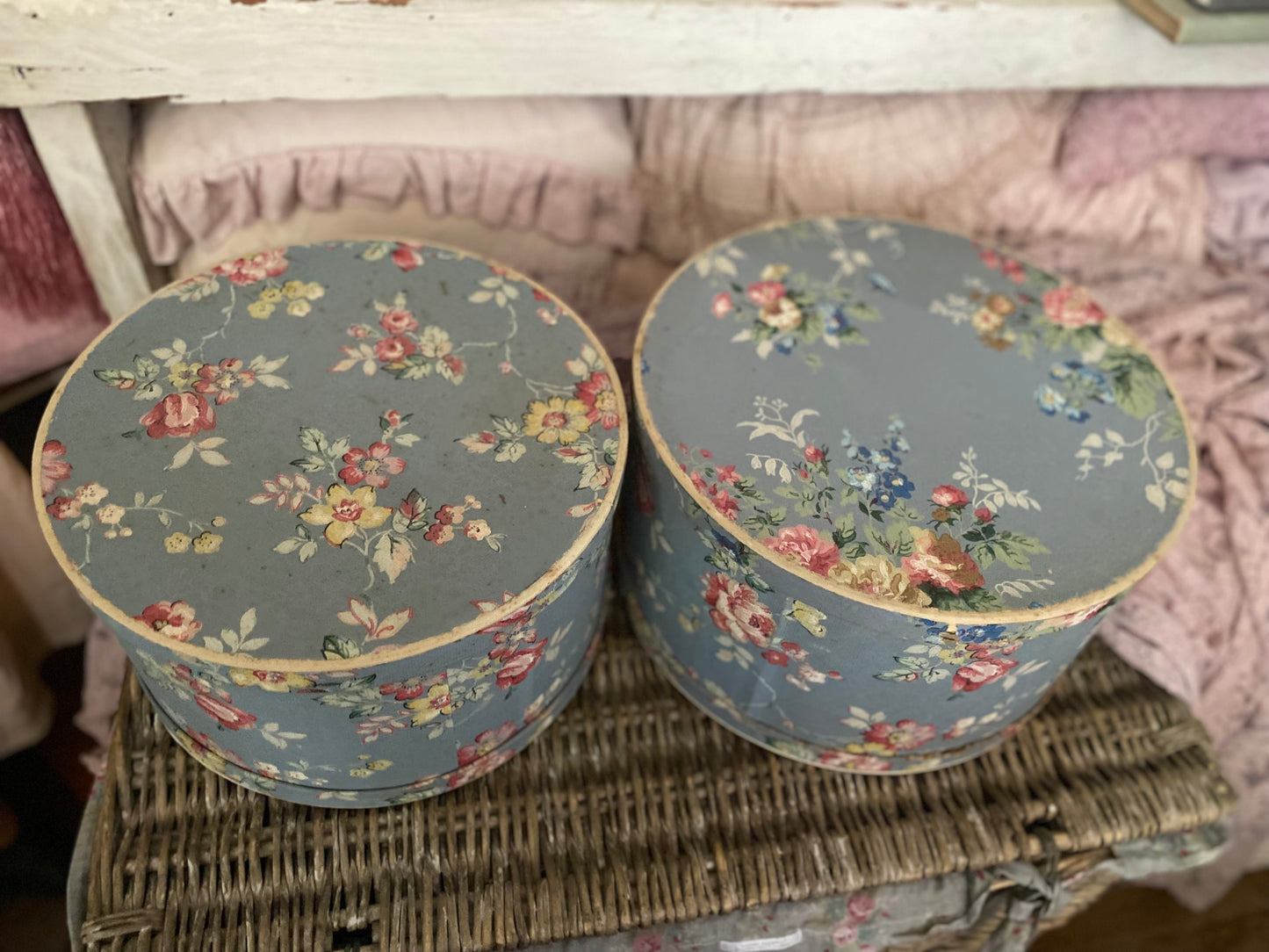 Pair Vintage Blue Floral Wallpaper Hat Boxes