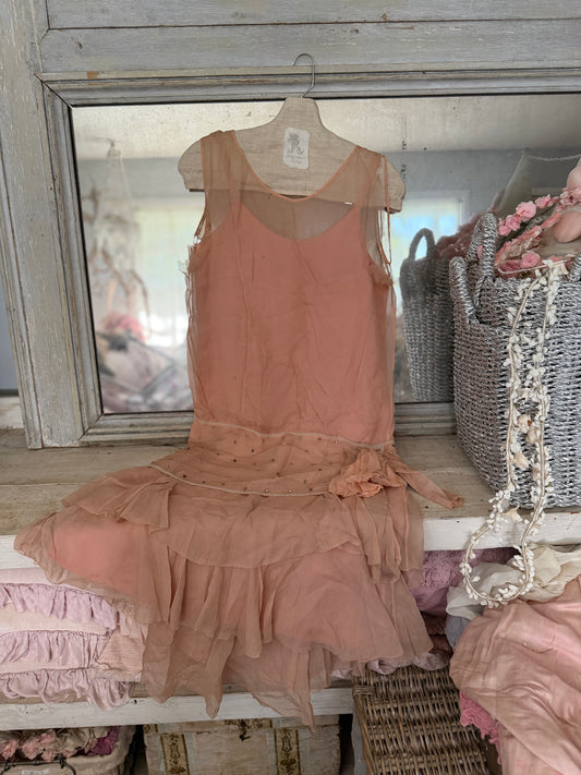 Antique 1920s Pink Silk Rhinestone Dress