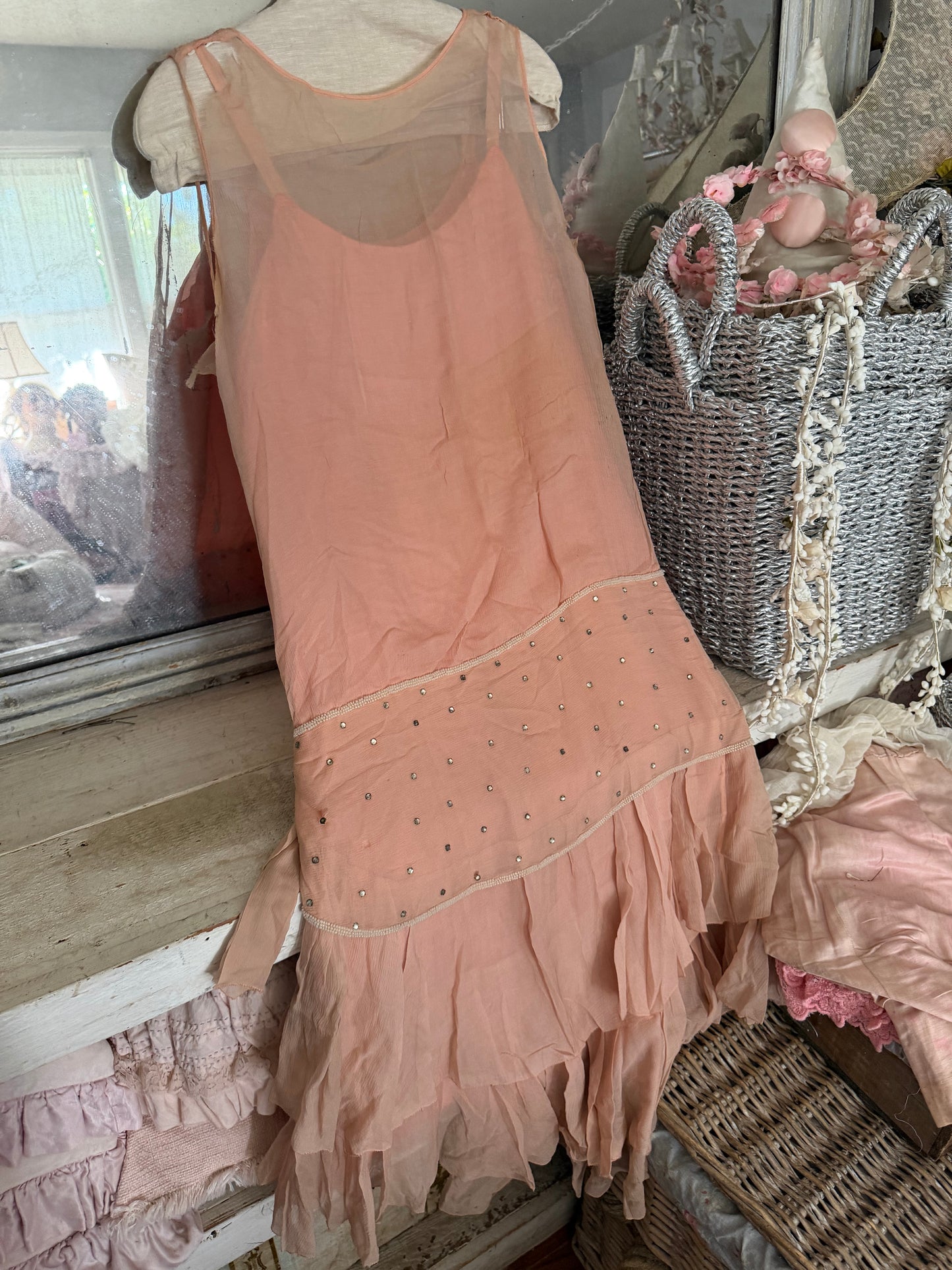 Antique 1920s Pink Silk Rhinestone Dress