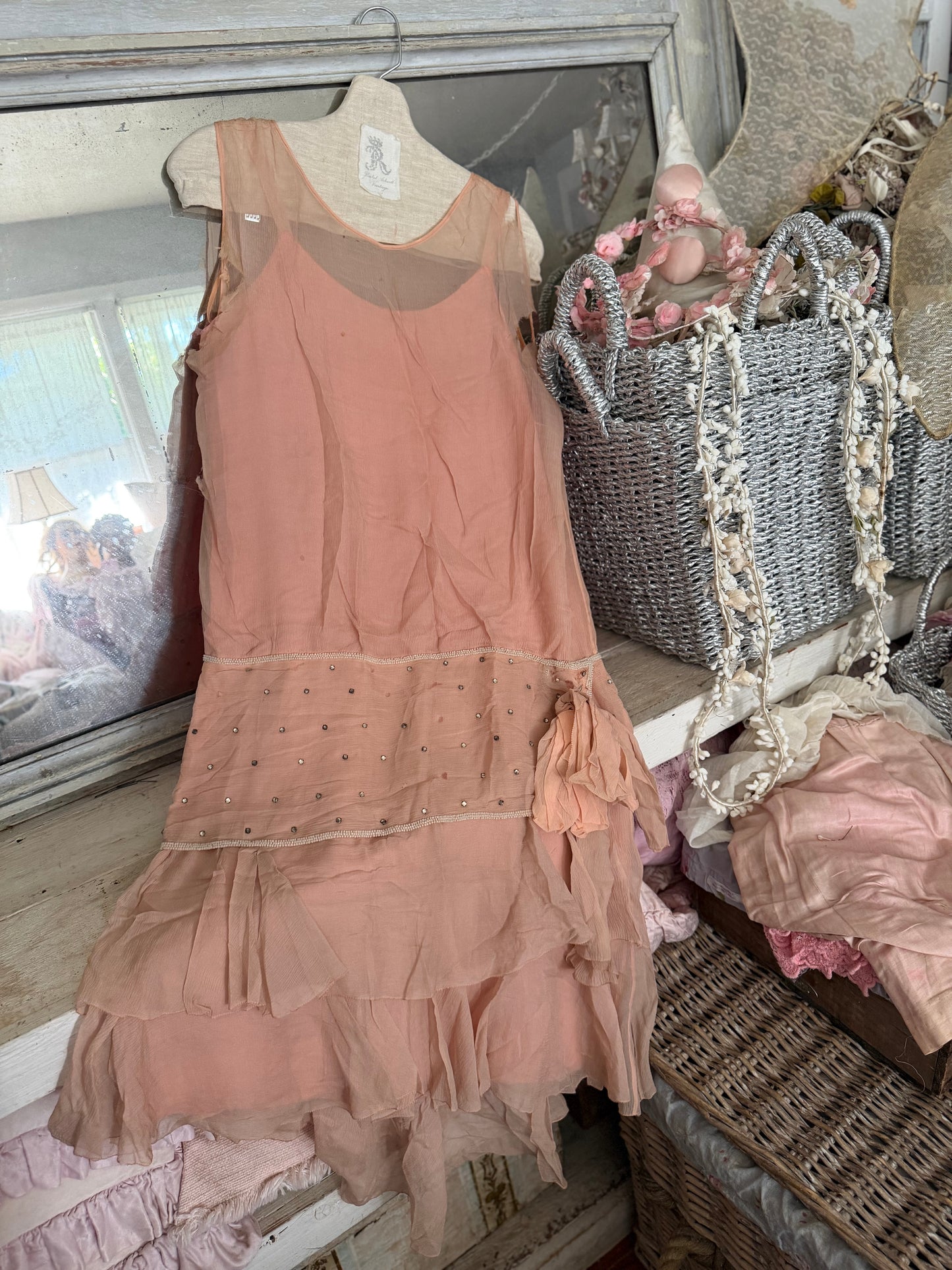 Antique 1920s Pink Silk Rhinestone Dress
