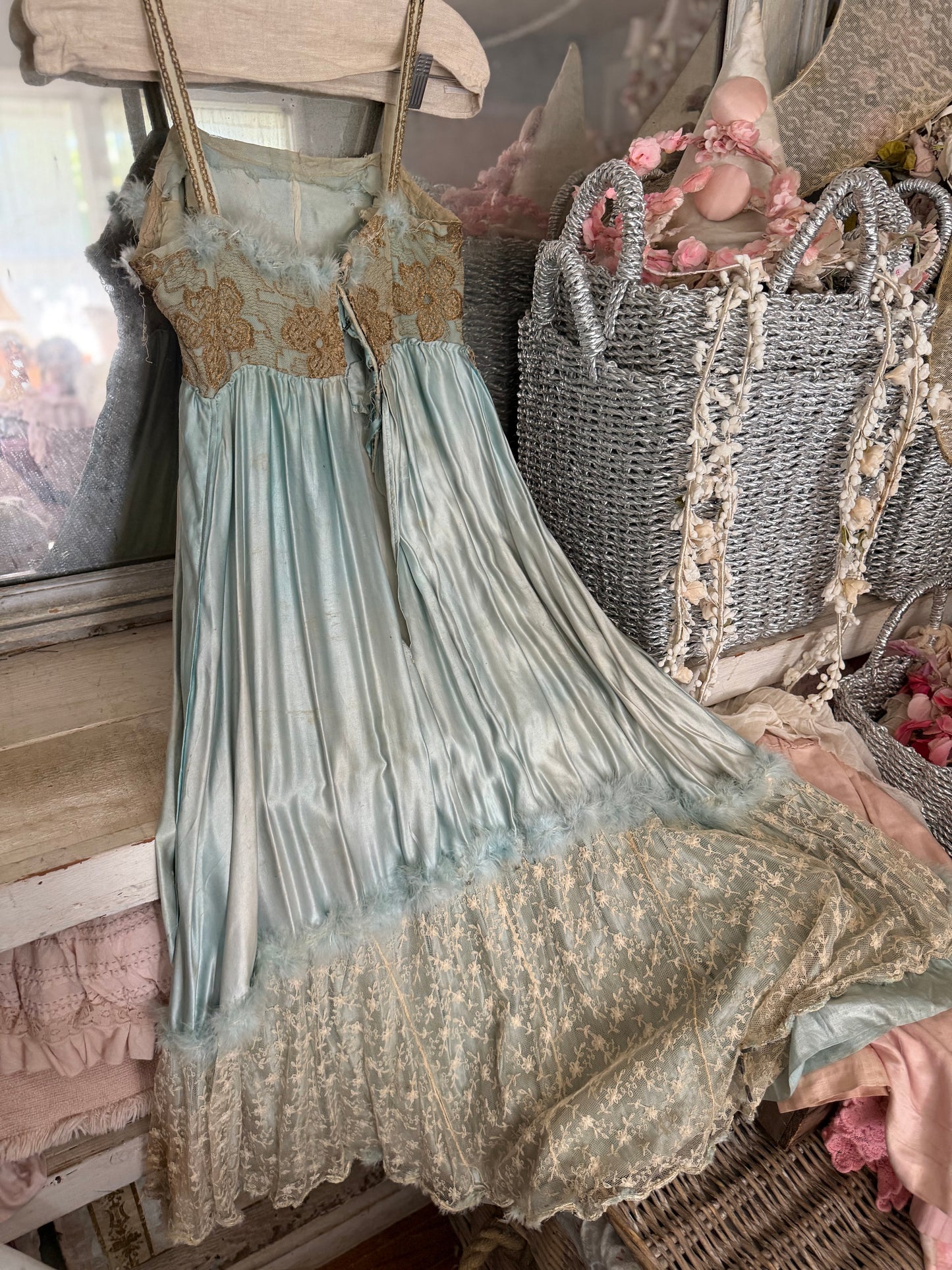 Antique French Ballet Theater Costume Blue Silk Lace