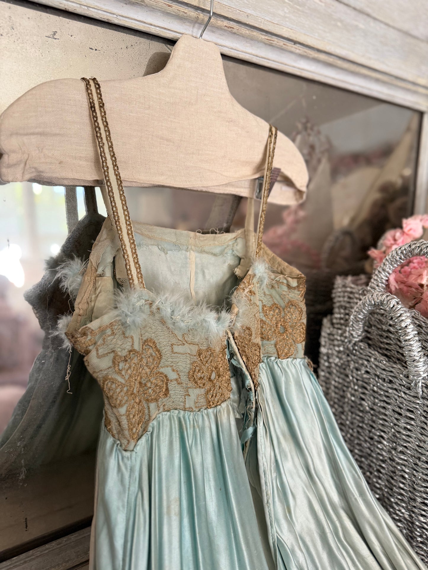 Antique French Ballet Theater Costume Blue Silk Lace