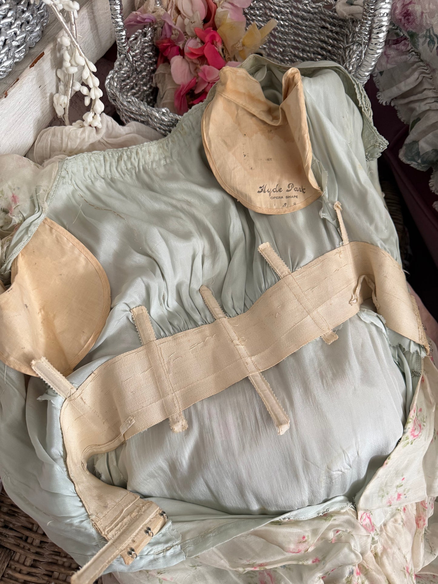 Antique Edwardian Silk Blue Pink Floral Dress