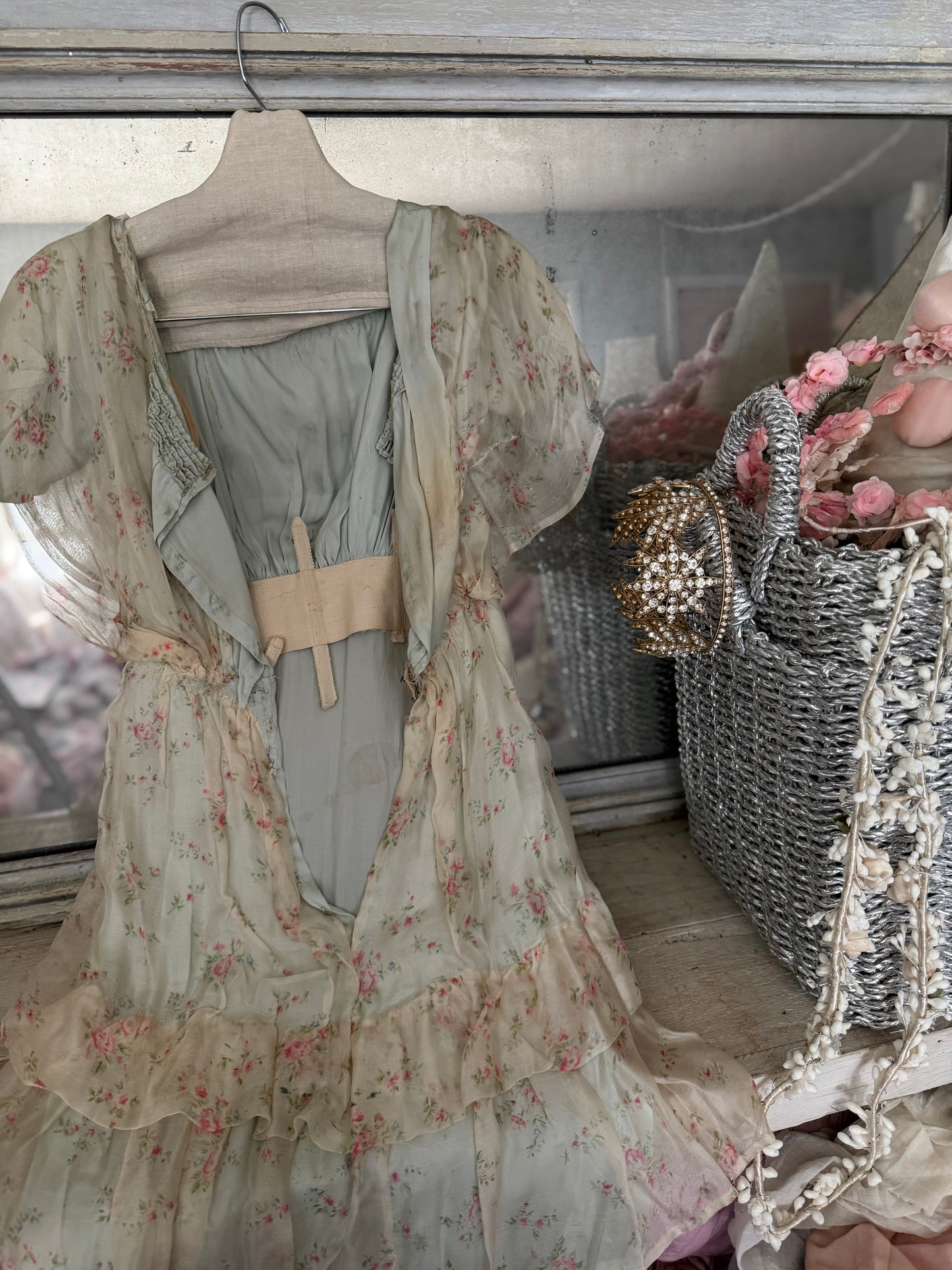 Antique Edwardian Silk Blue Pink Floral Dress