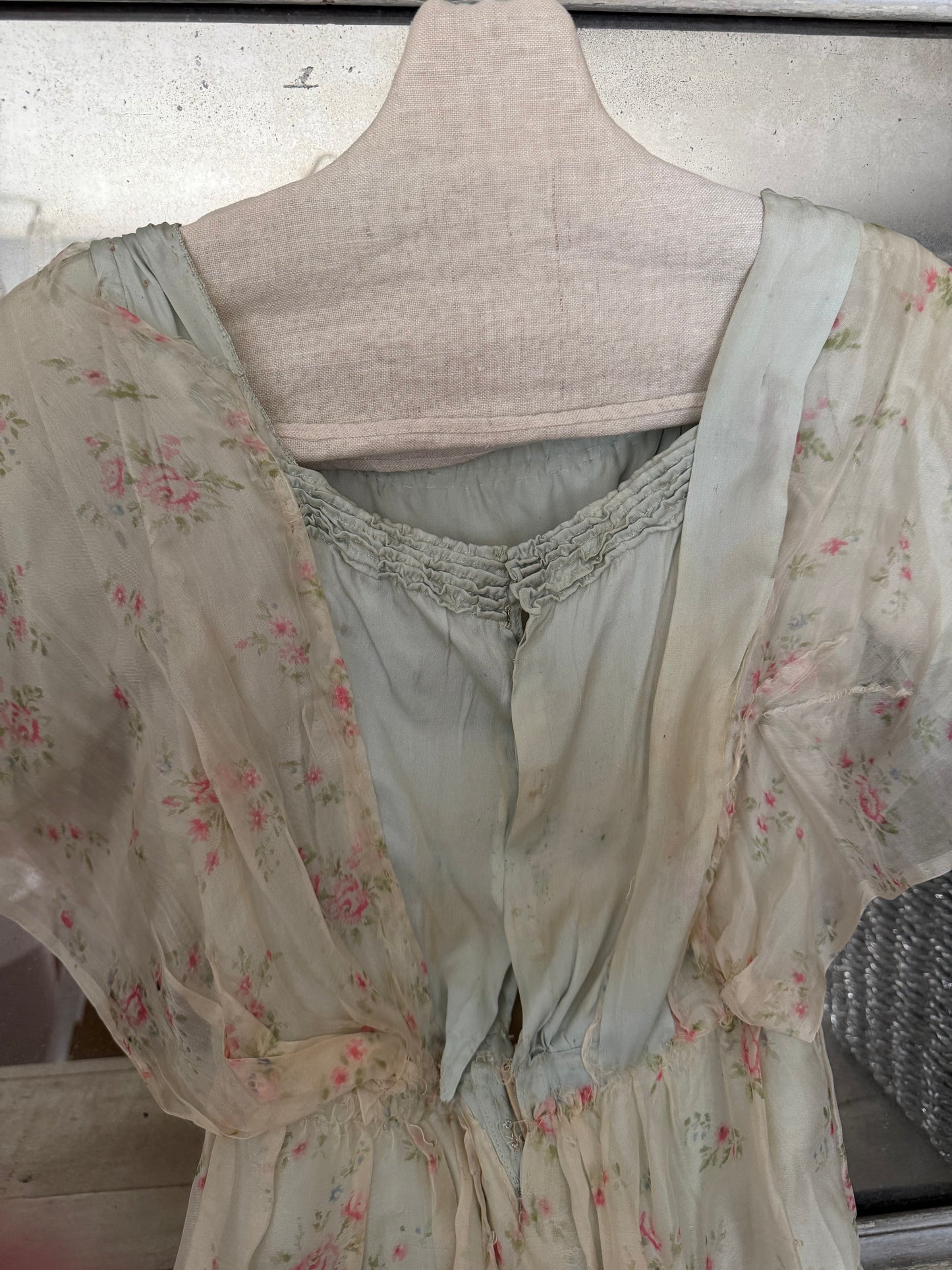 Antique Edwardian Silk Blue Pink Floral Dress