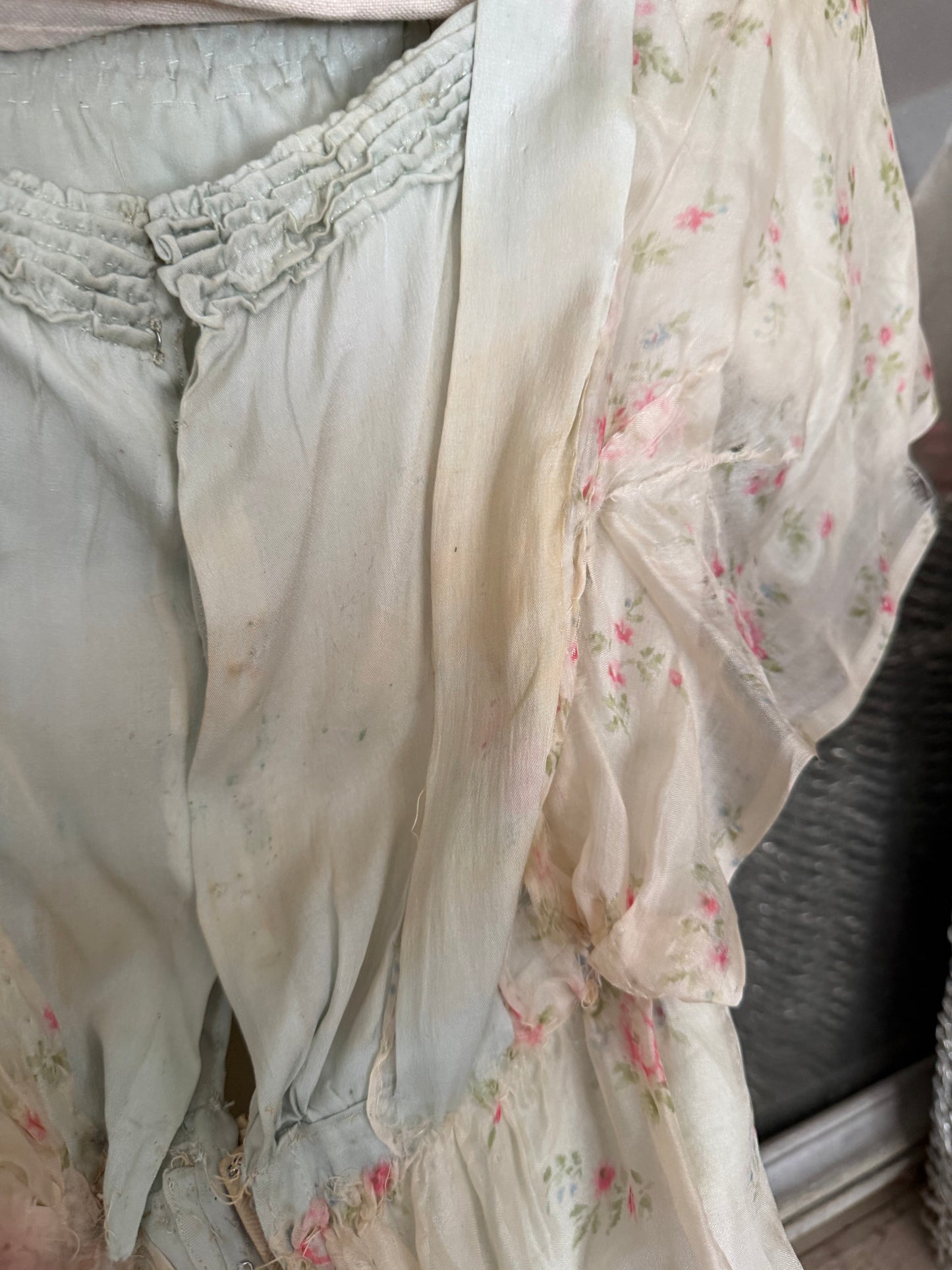 Antique Edwardian Silk Blue Pink Floral Dress