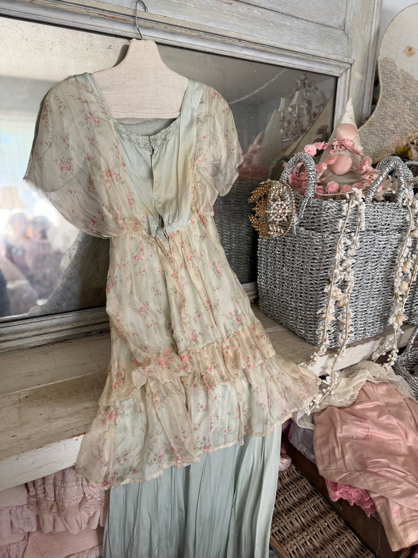 Antique Edwardian Silk Blue Pink Floral Dress