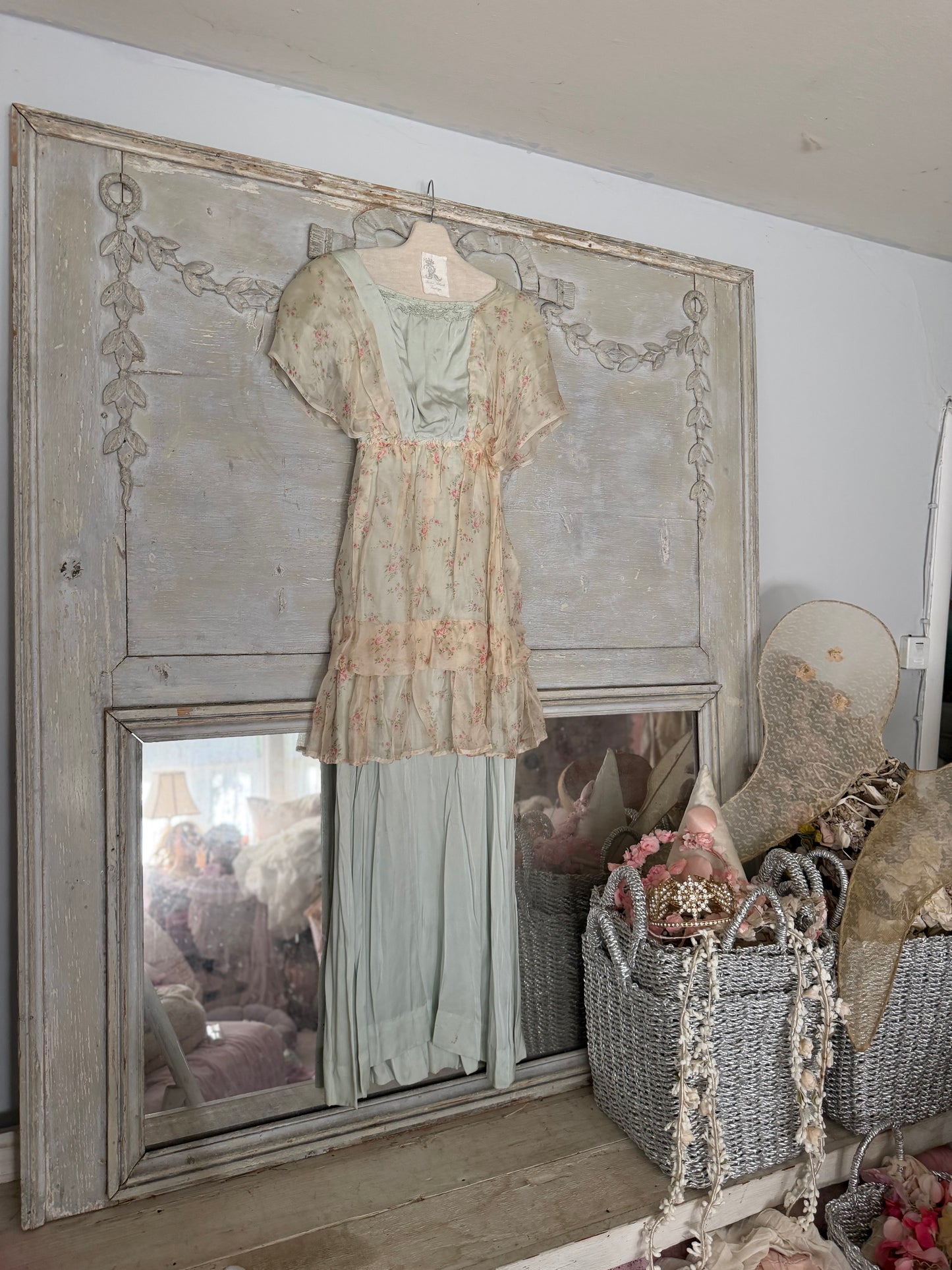Antique Edwardian Silk Blue Pink Floral Dress