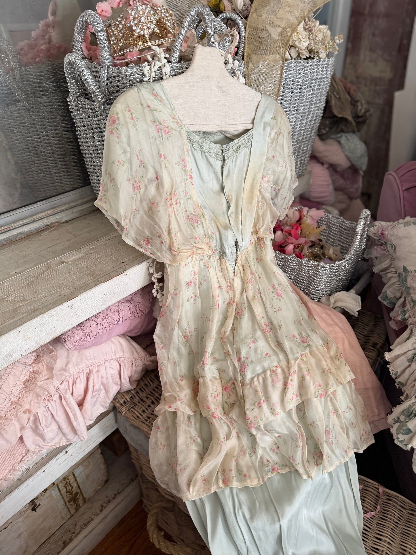 Antique Edwardian Silk Blue Pink Floral Dress