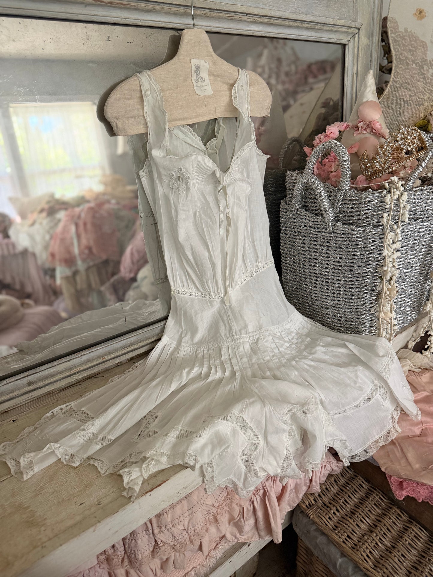 Antique Victorian Undergarment Chamise Ruffled Skirt Romper