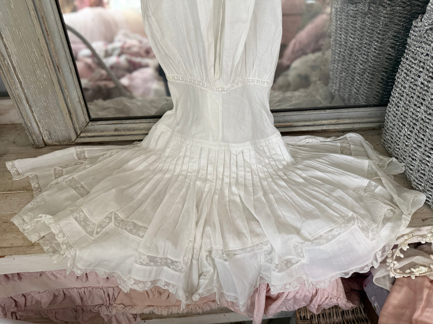 Antique Victorian Undergarment Chamise Ruffled Skirt Romper