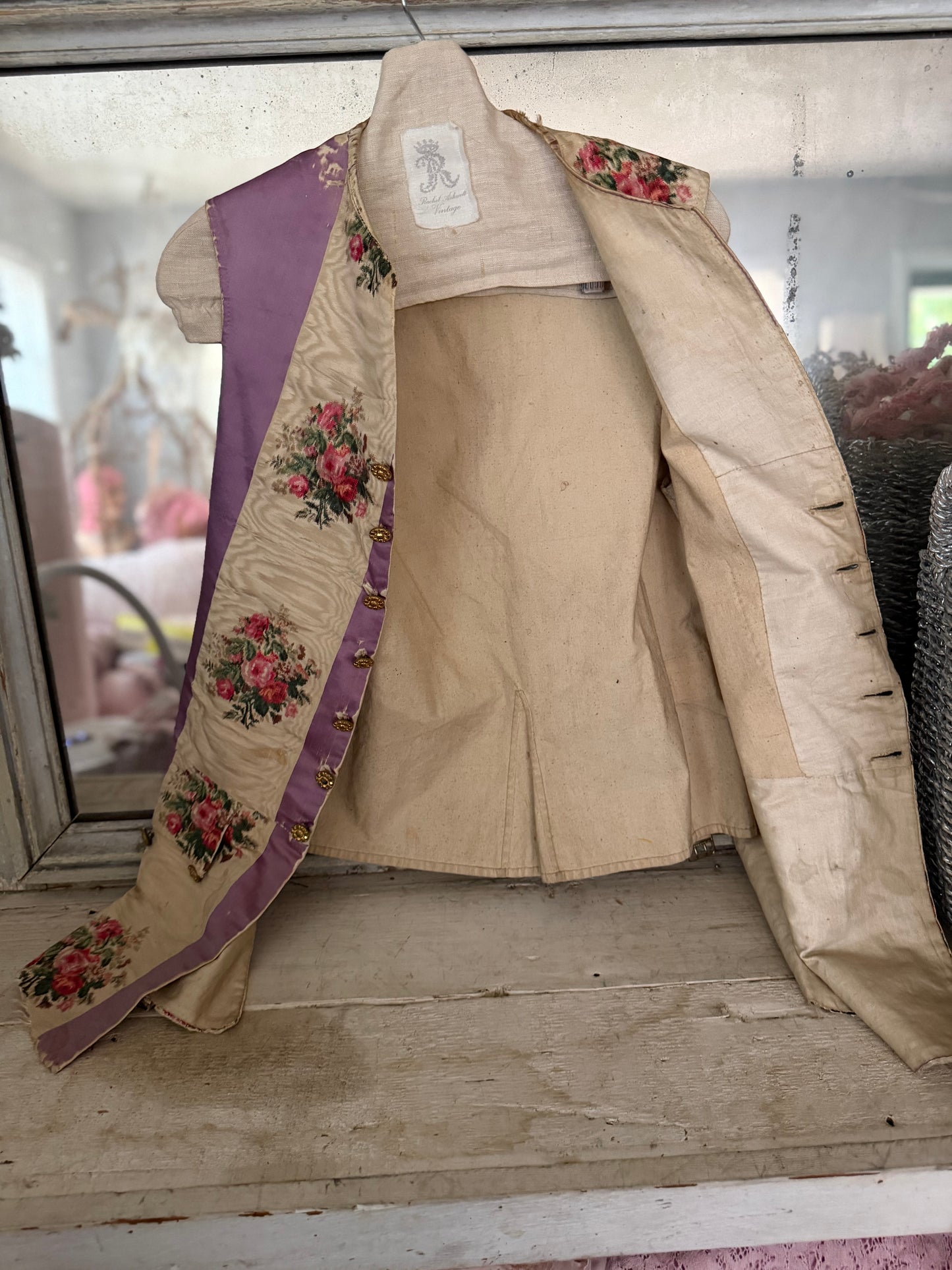 RARE 19th c Antique French "Vintage By Nina" Silk Lavender Watered Rose Vest