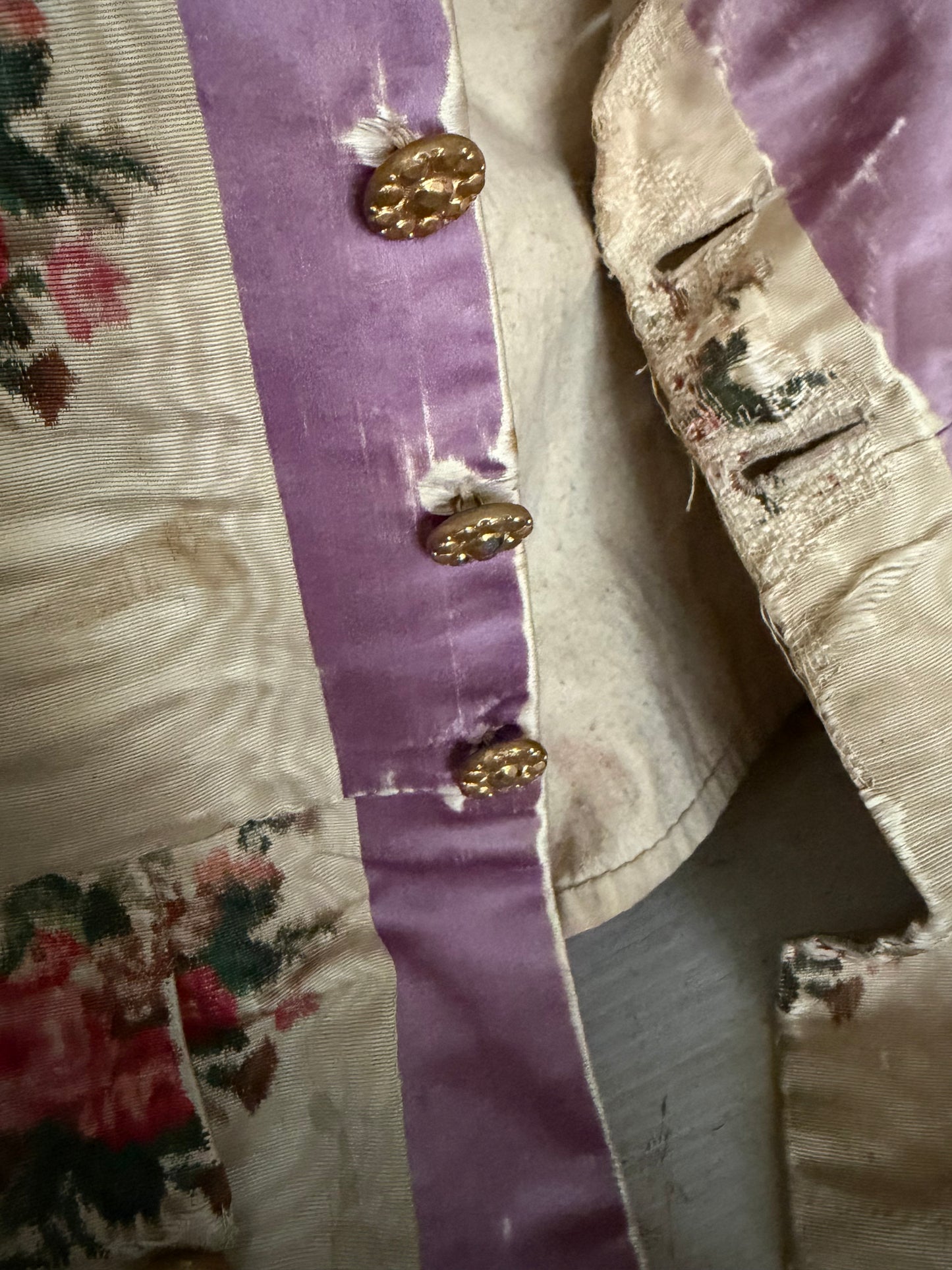 RARE 19th c Antique French "Vintage By Nina" Silk Lavender Watered Rose Vest