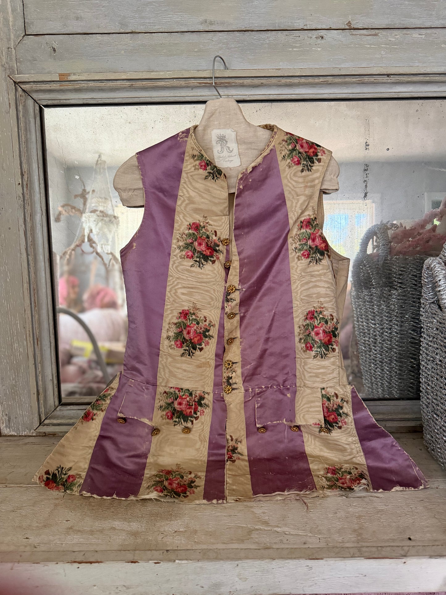 RARE 19th c Antique French "Vintage By Nina" Silk Lavender Watered Rose Vest