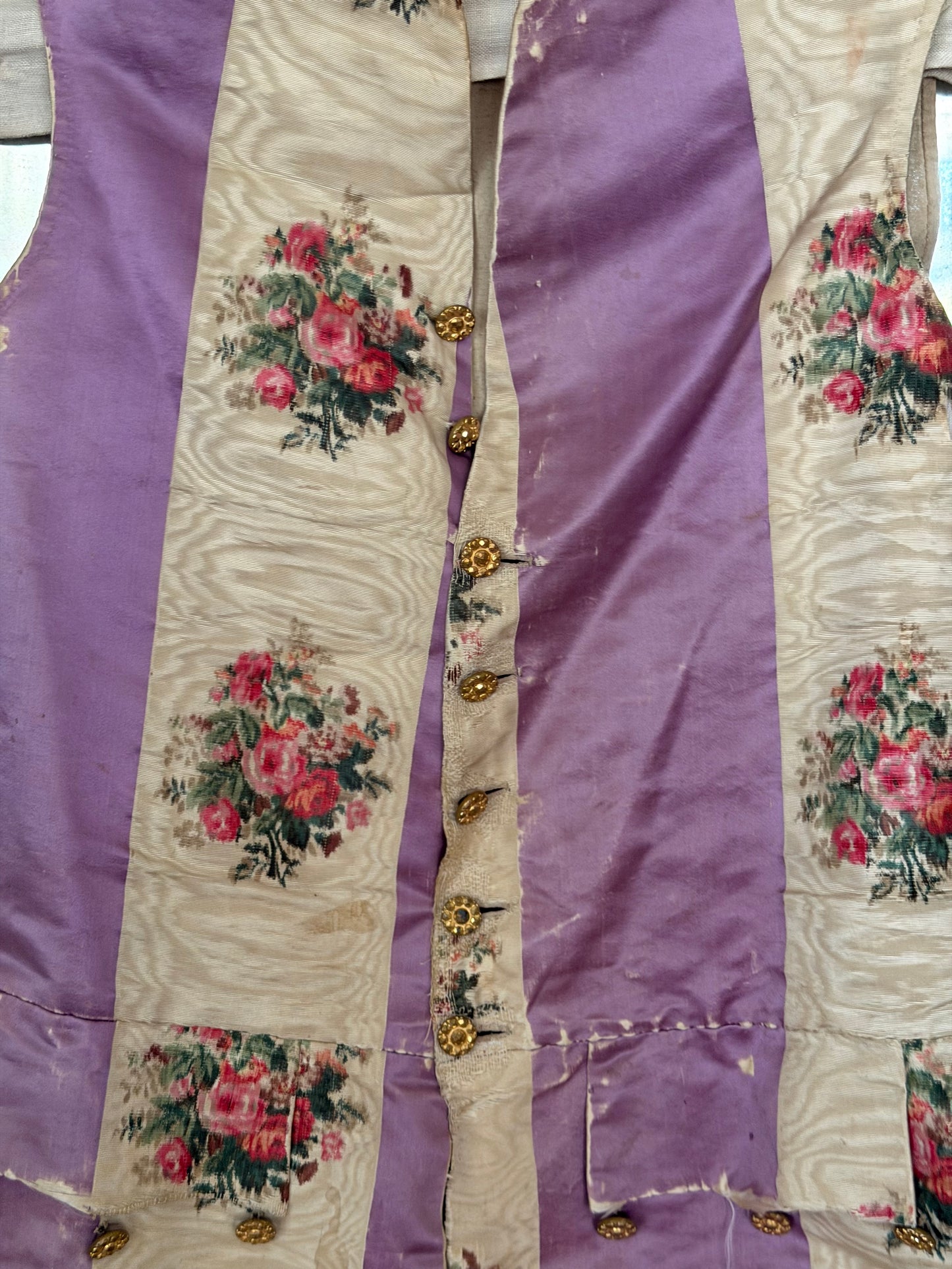 RARE 19th c Antique French "Vintage By Nina" Silk Lavender Watered Rose Vest