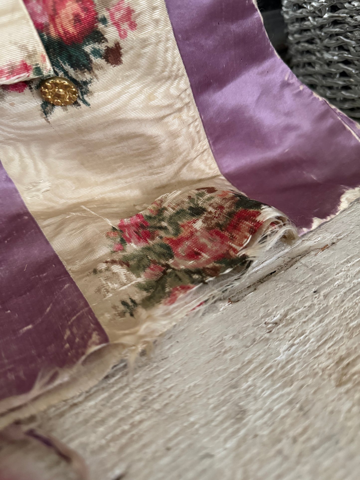 RARE 19th c Antique French "Vintage By Nina" Silk Lavender Watered Rose Vest