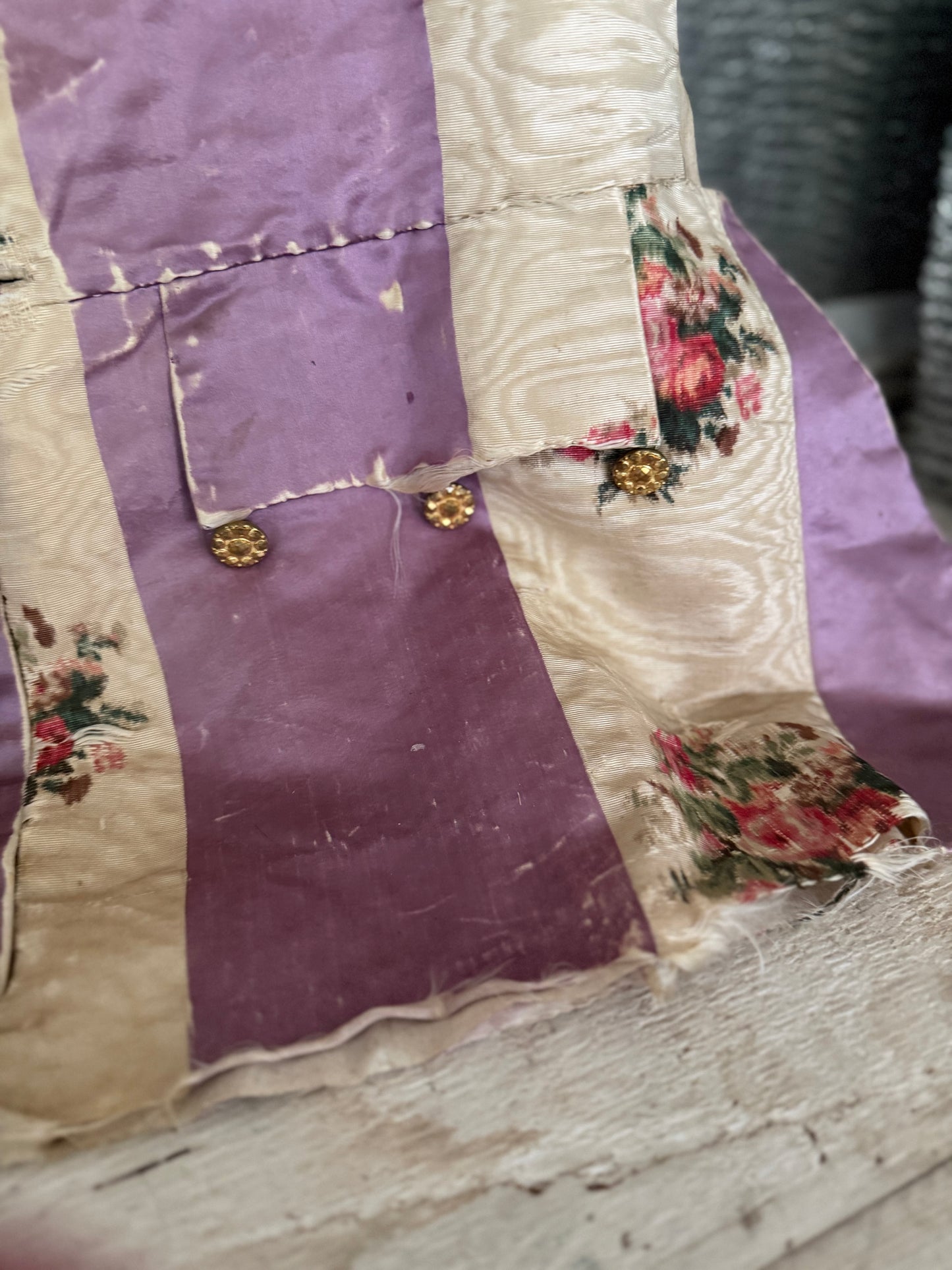 RARE 19th c Antique French "Vintage By Nina" Silk Lavender Watered Rose Vest