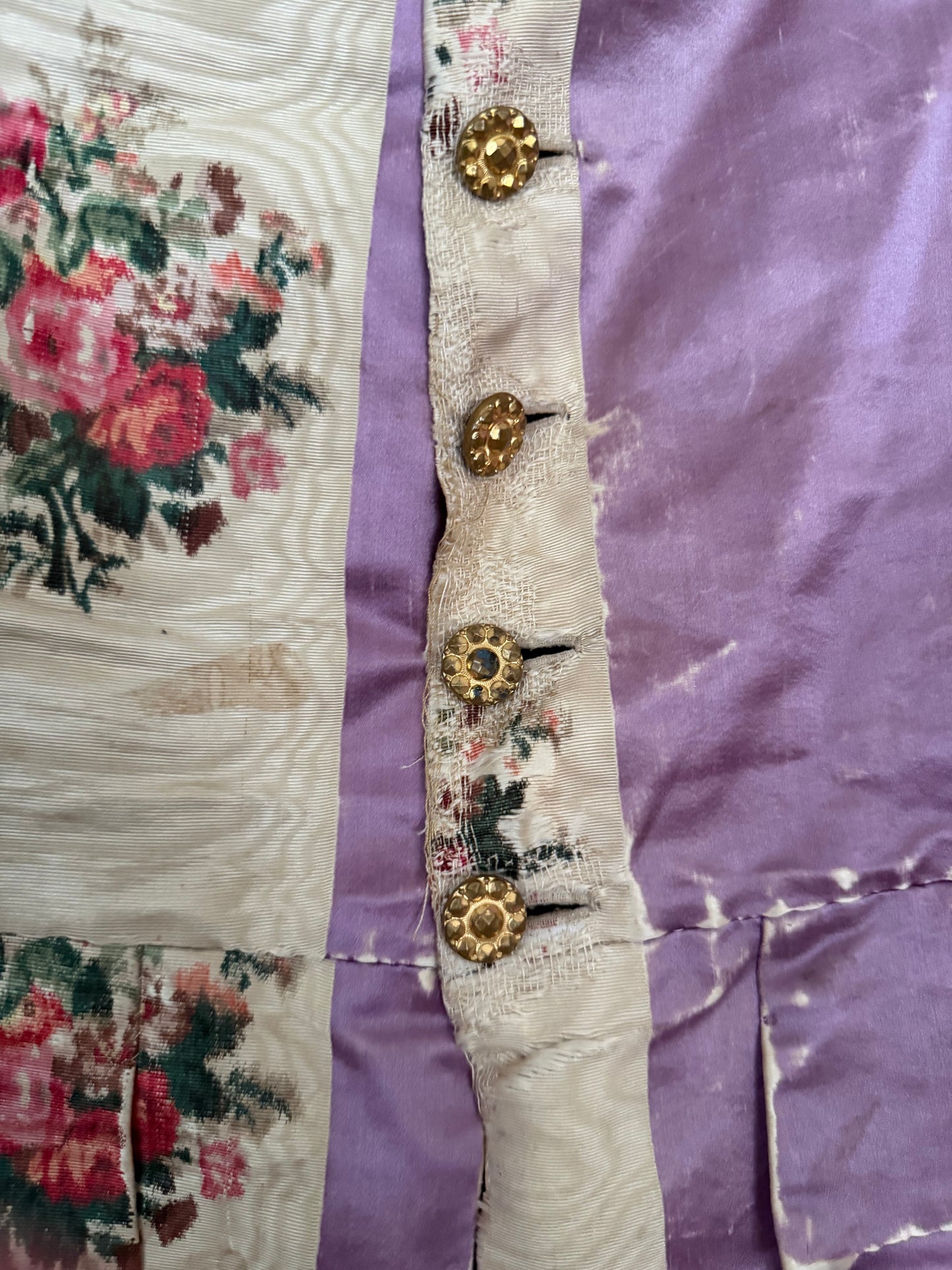 RARE 19th c Antique French "Vintage By Nina" Silk Lavender Watered Rose Vest
