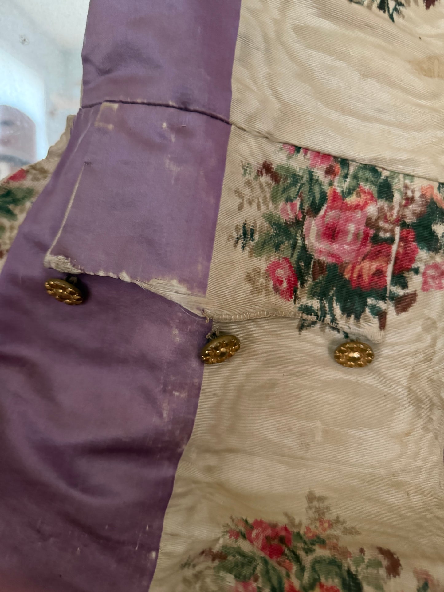 RARE 19th c Antique French "Vintage By Nina" Silk Lavender Watered Rose Vest